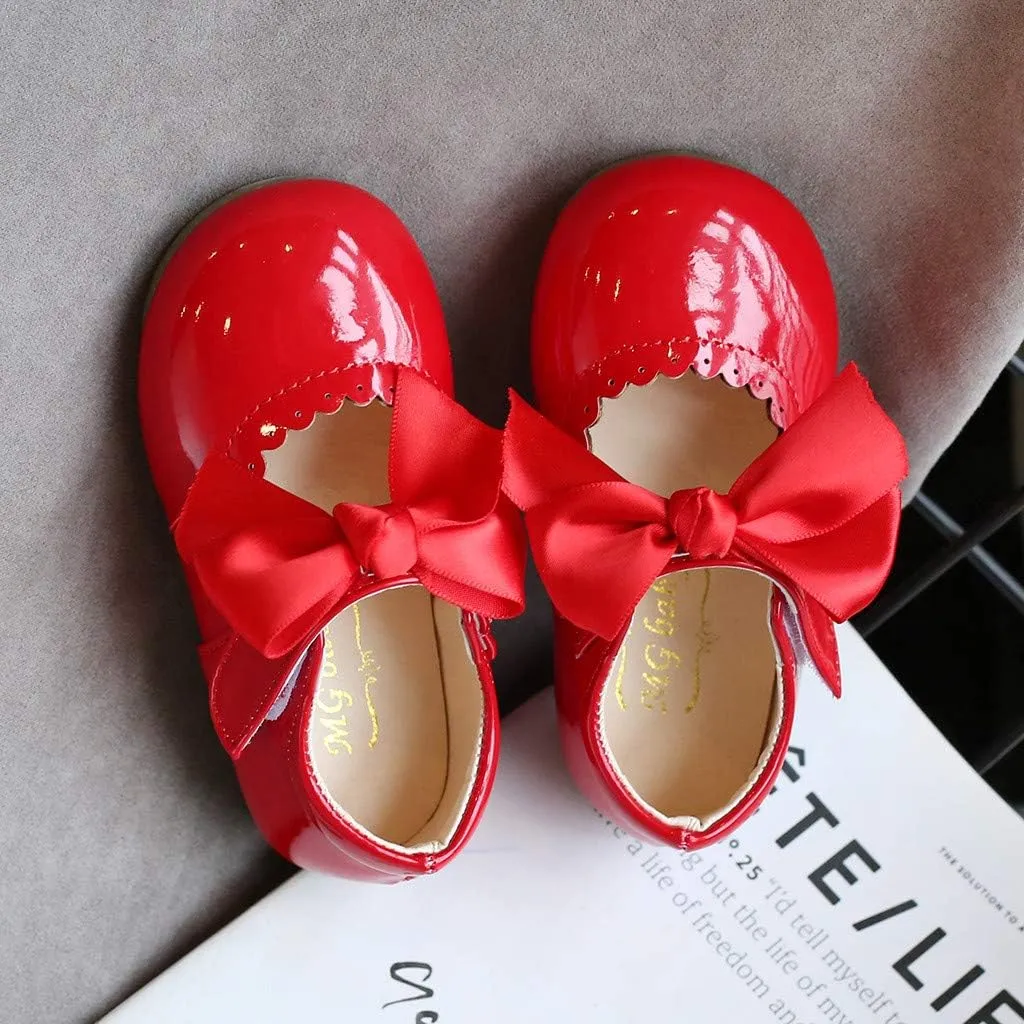 Baby Girls Wedding Flat Ribbon Bow Shoes Dress Mary Jane Hook and Loop Dress Shoes Prty Wedding lats