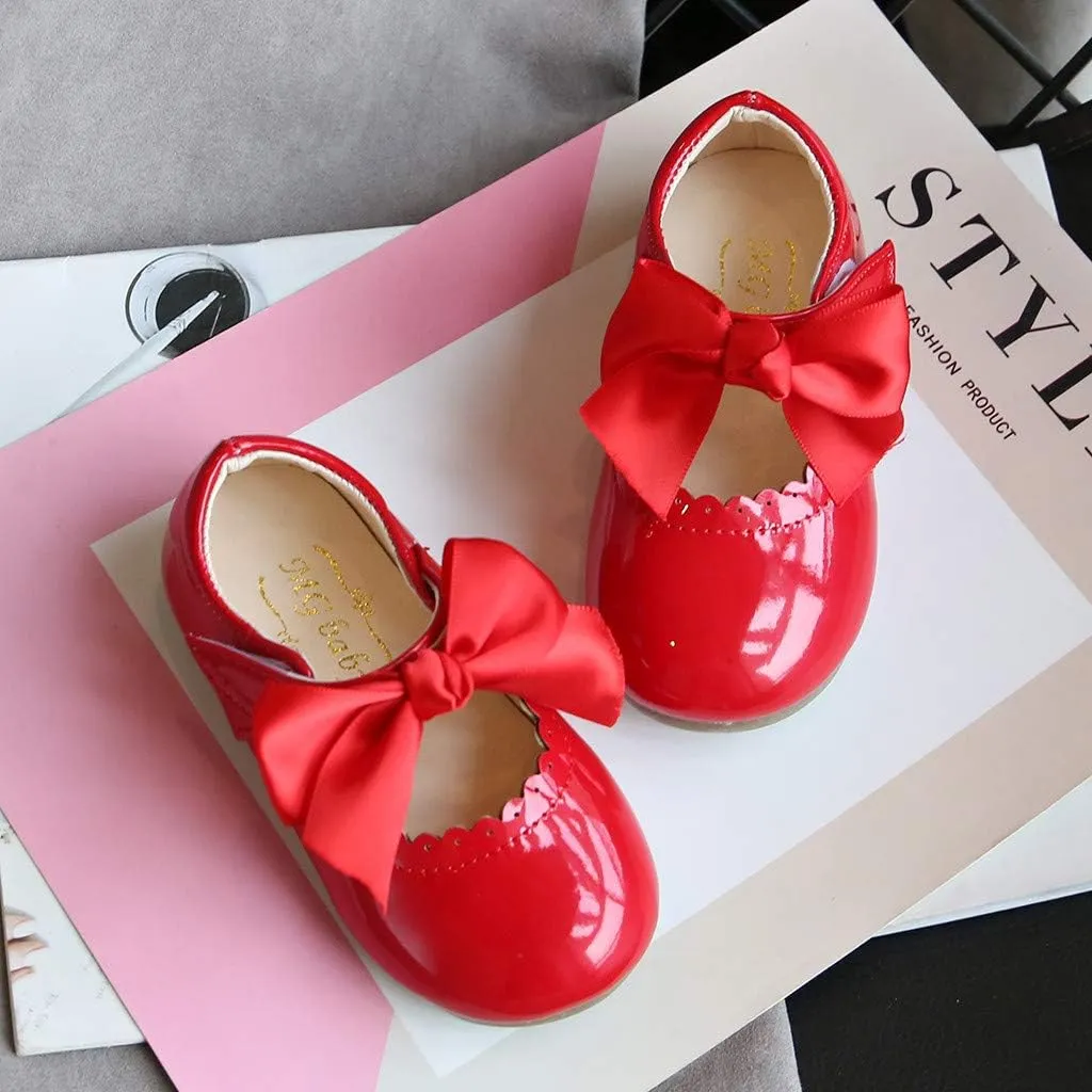 Baby Girls Wedding Flat Ribbon Bow Shoes Dress Mary Jane Hook and Loop Dress Shoes Prty Wedding lats