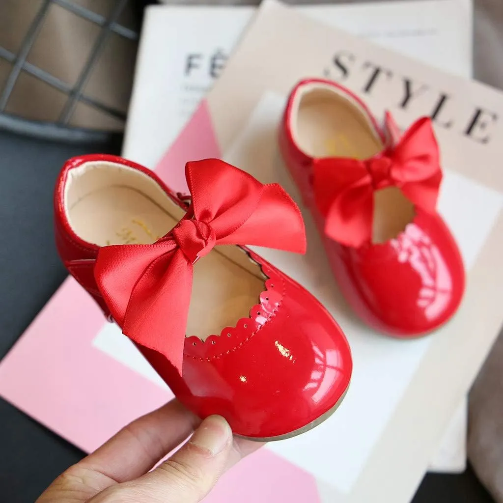 Baby Girls Wedding Flat Ribbon Bow Shoes Dress Mary Jane Hook and Loop Dress Shoes Prty Wedding lats