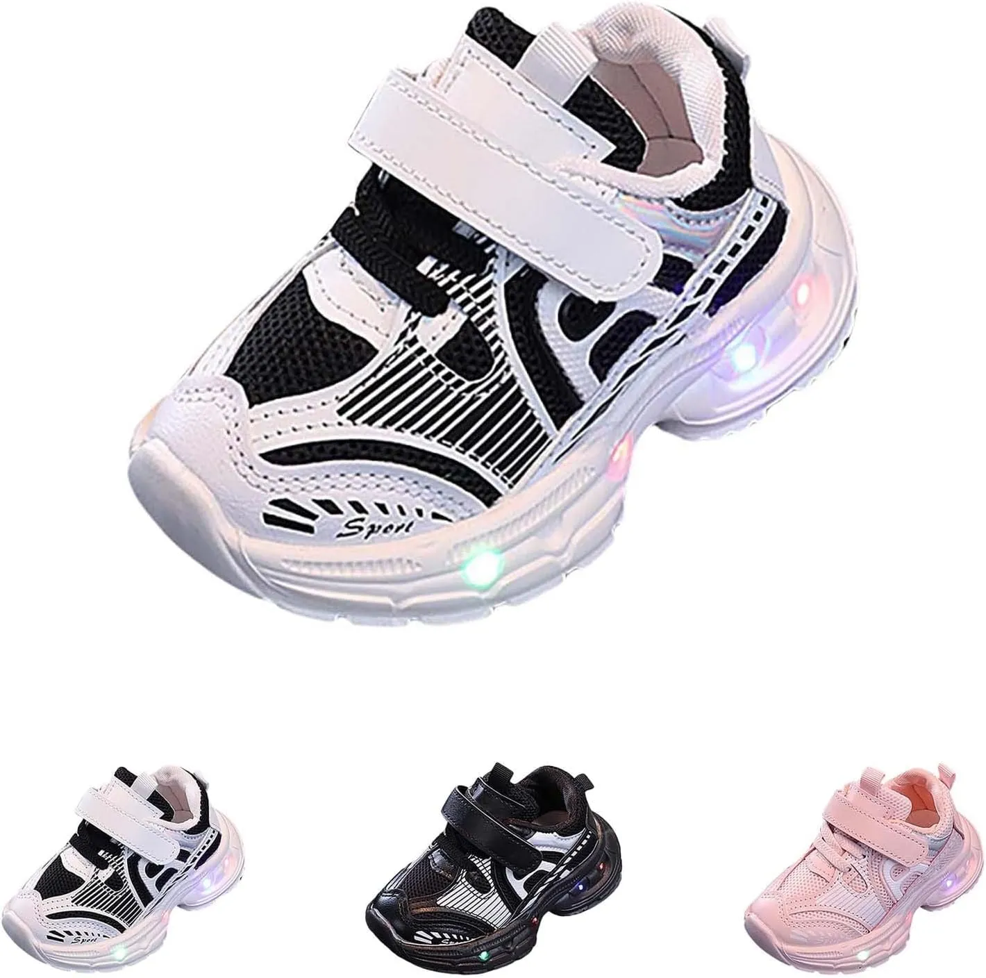 Baby Infant Leather Mesh Lights up Sneakers Hook Loop First Walking Non Slip Glitter Sport Shoes Toddler Breathable