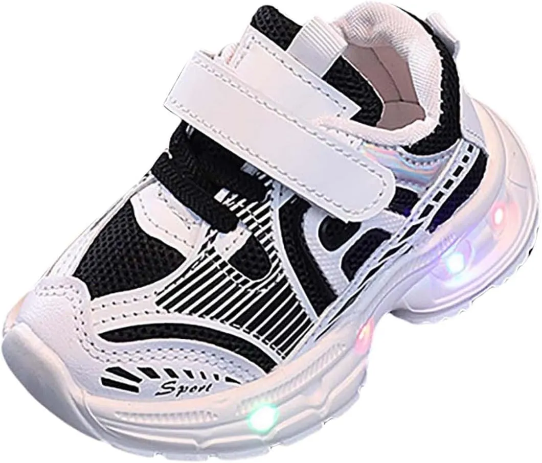 Baby Infant Leather Mesh Lights up Sneakers Hook Loop First Walking Non Slip Glitter Sport Shoes Toddler Breathable