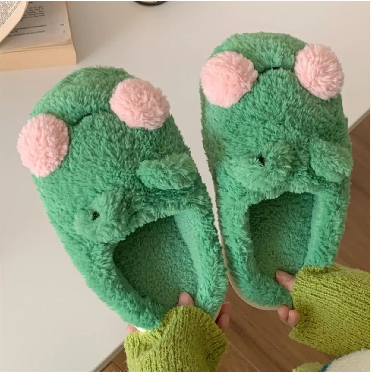 Bridge Cutters Women's & Men's Frog Slippers - Fluffy Cartoon Animal Slippers with Thick Bottoms for Indoor Use
