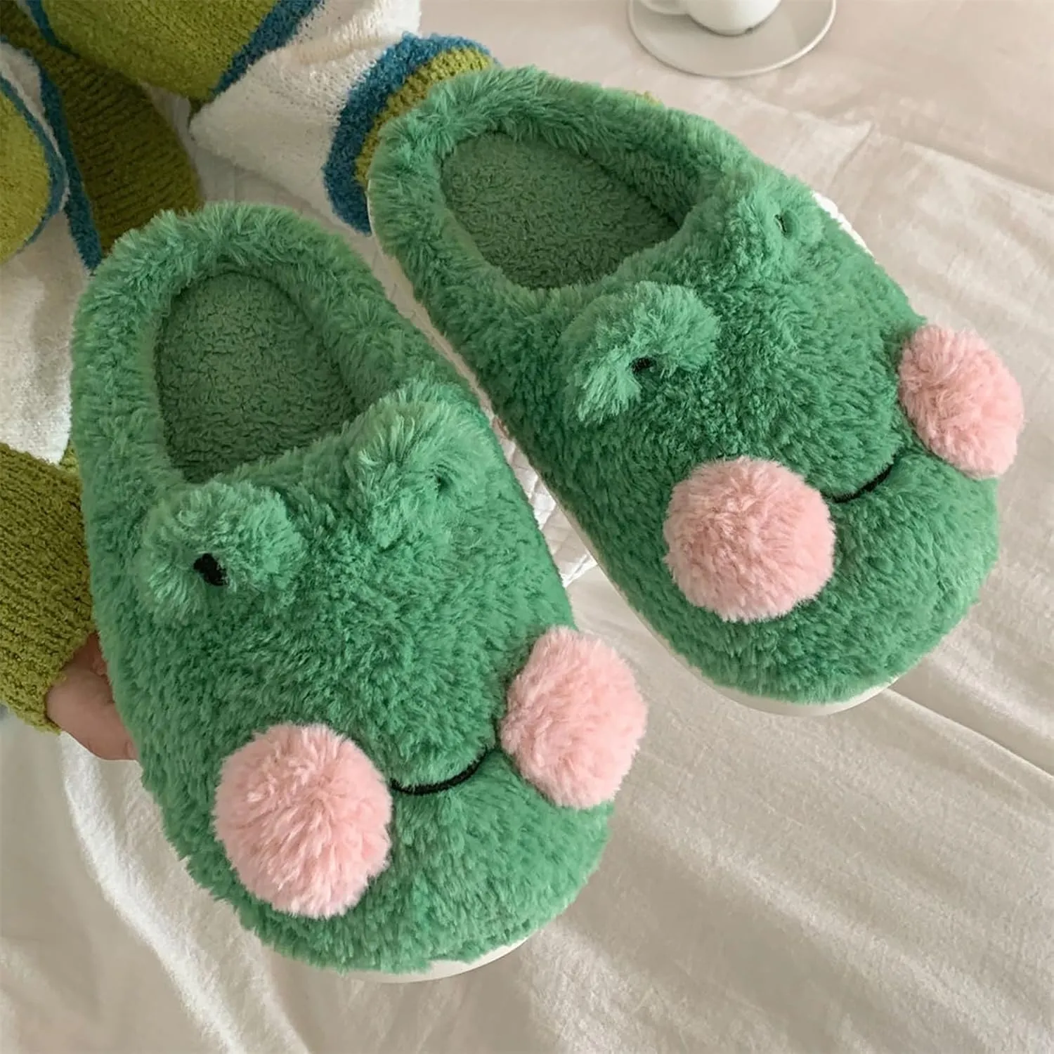Bridge Cutters Women's & Men's Frog Slippers - Fluffy Cartoon Animal Slippers with Thick Bottoms for Indoor Use