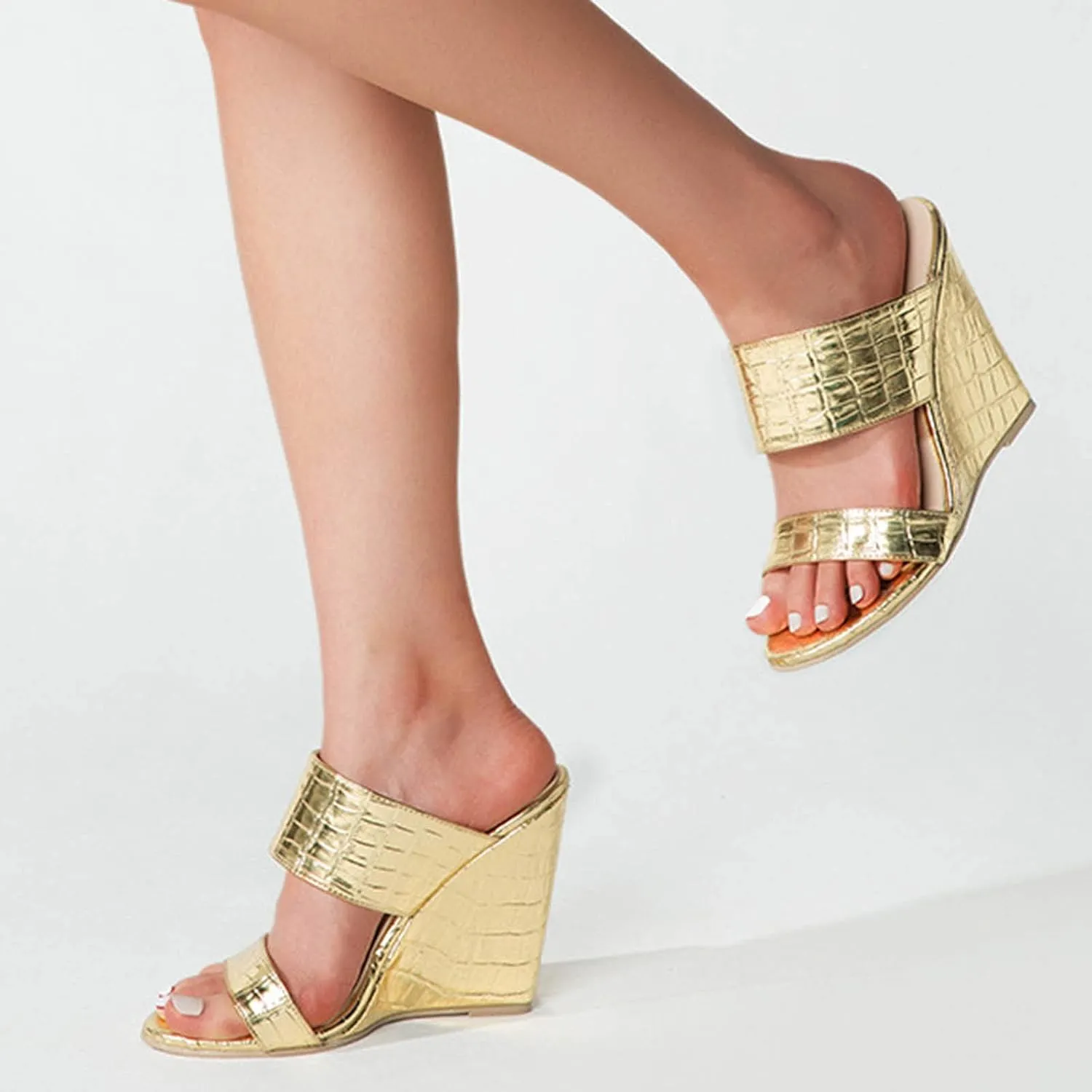 Casual Shoes Leather Wedge Sandals for Women Casual High Heel Slides Slip On Sandals Peep Toe Slippers (Gold, 9)