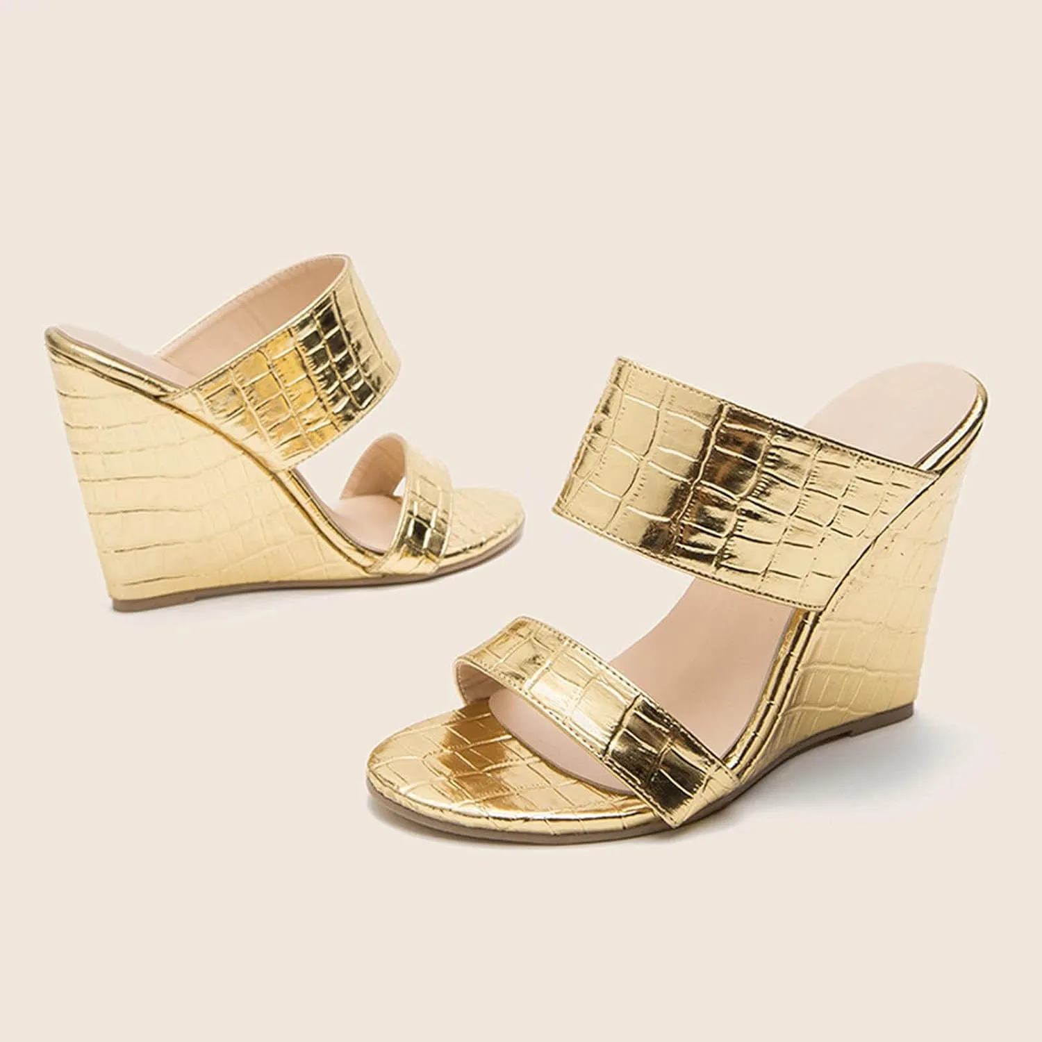 Casual Shoes Leather Wedge Sandals for Women Casual High Heel Slides Slip On Sandals Peep Toe Slippers (Gold, 9)