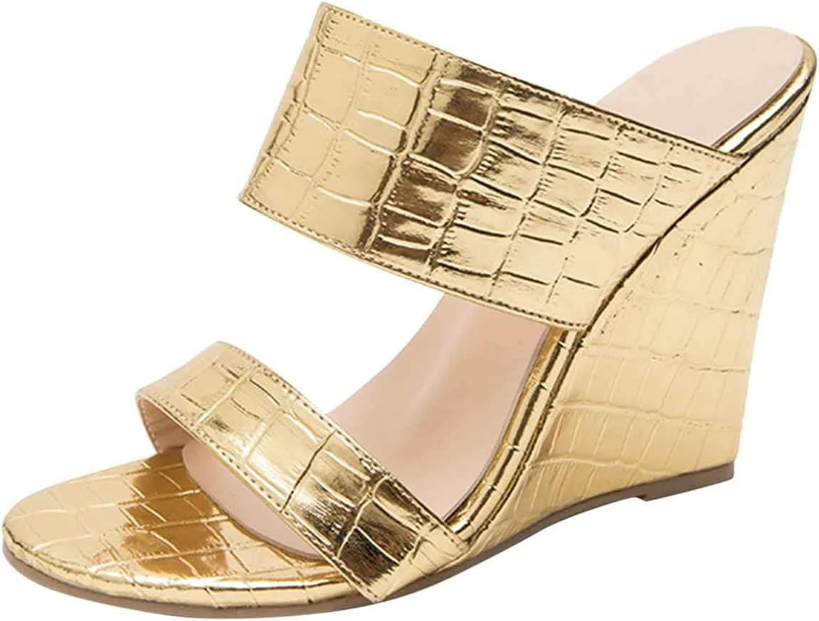 Casual Shoes Leather Wedge Sandals for Women Casual High Heel Slides Slip On Sandals Peep Toe Slippers (Gold, 9)