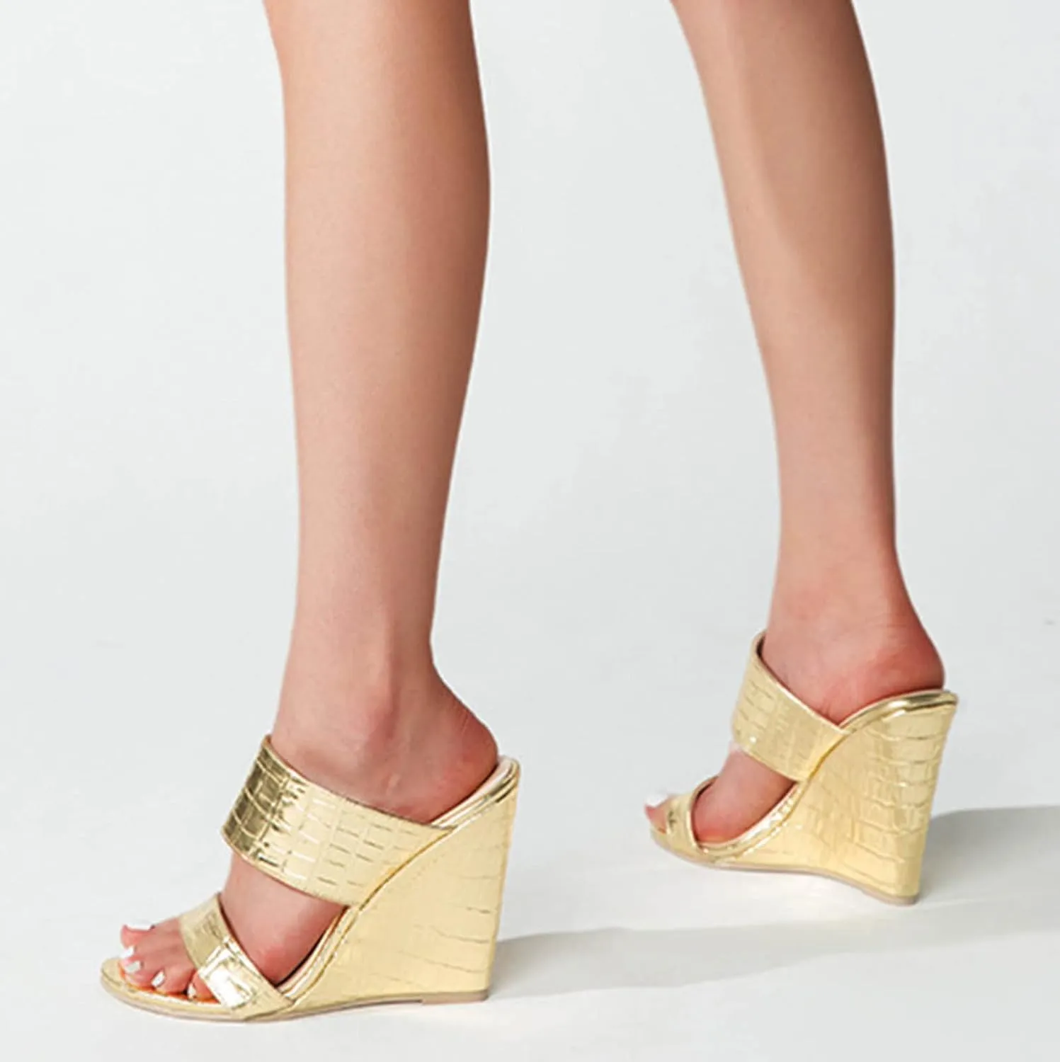 Casual Shoes Leather Wedge Sandals for Women Casual High Heel Slides Slip On Sandals Peep Toe Slippers (Gold, 9)