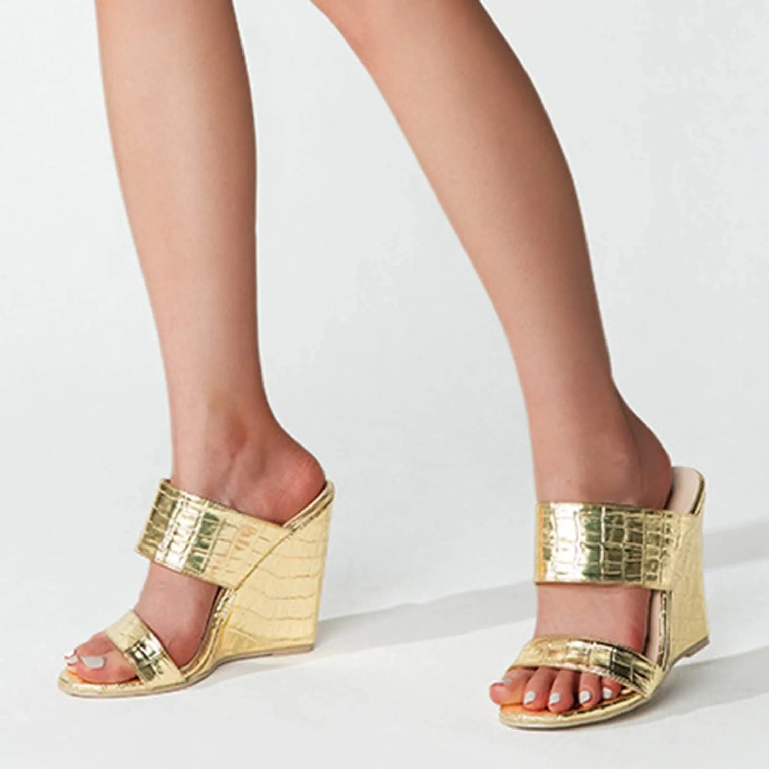 Casual Shoes Leather Wedge Sandals for Women Casual High Heel Slides Slip On Sandals Peep Toe Slippers (Gold, 9)