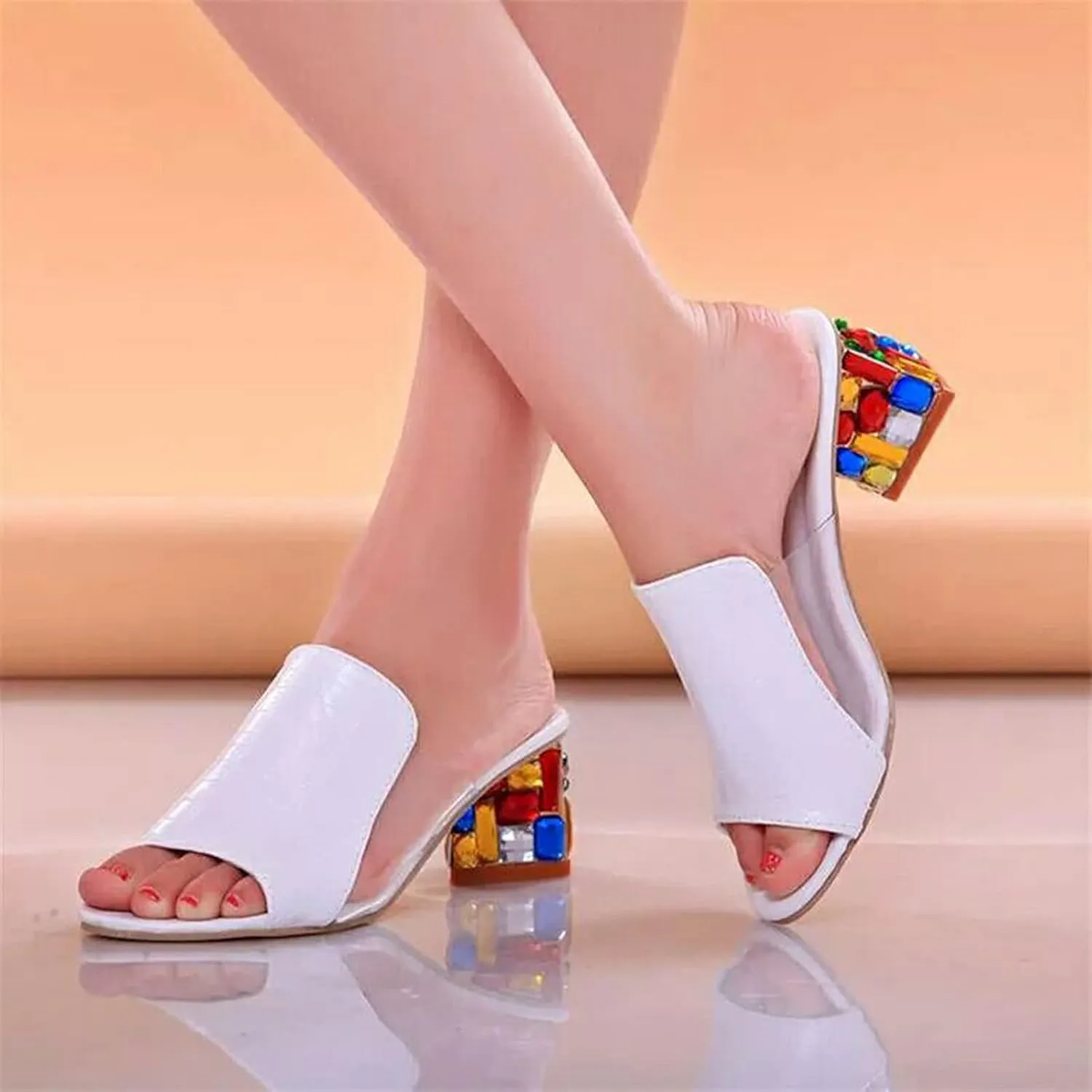 Casual Shoes Women's Gemstone High Heel Sandals Casual Slides Open Toe Open Toe Sandals Summer Shoes (White, 8.5)