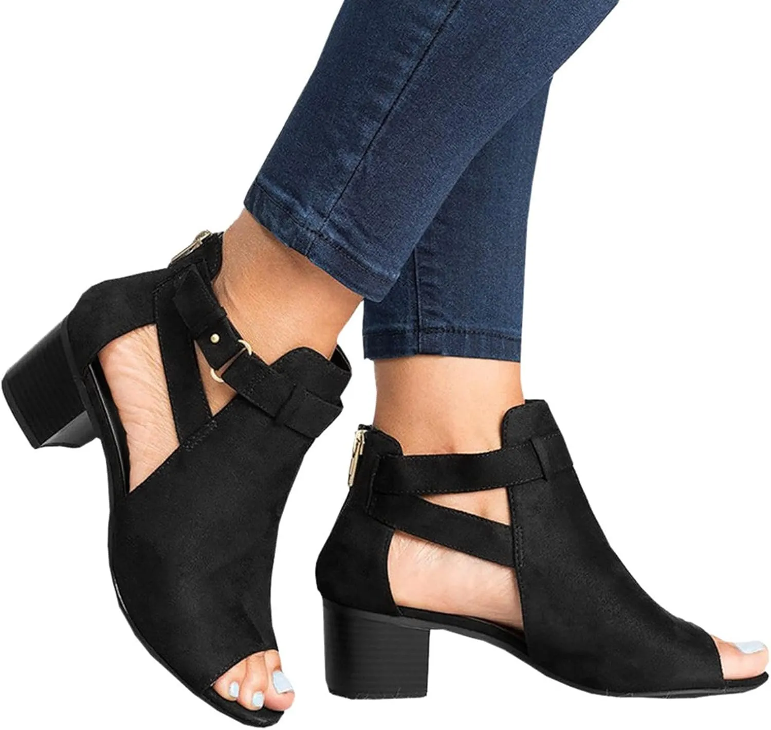 Cathalem Walking Sandals for Women, Womens Platform Sandals Suede Peep Toe Ankle Booties slip on Stacked Block Heel Ankle Sandals
