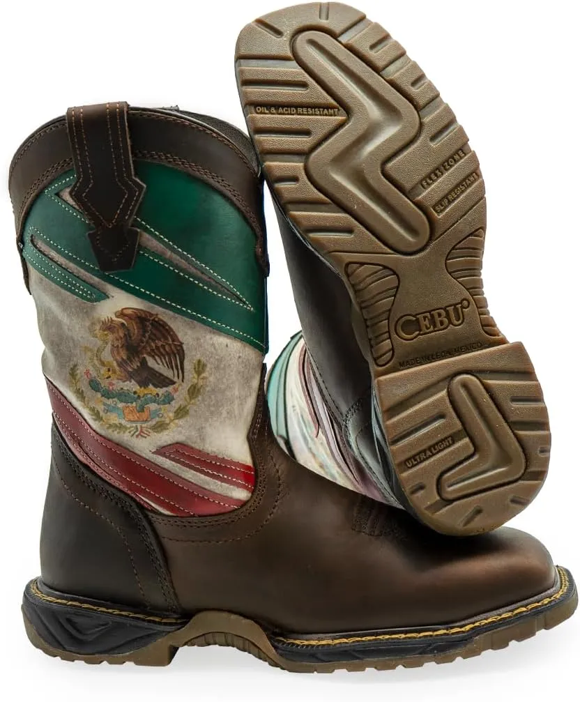 CEBU Men's MEX Soft Toe Work Boots - Leather, Lightweight, Slip Resistant, Mexican Flag