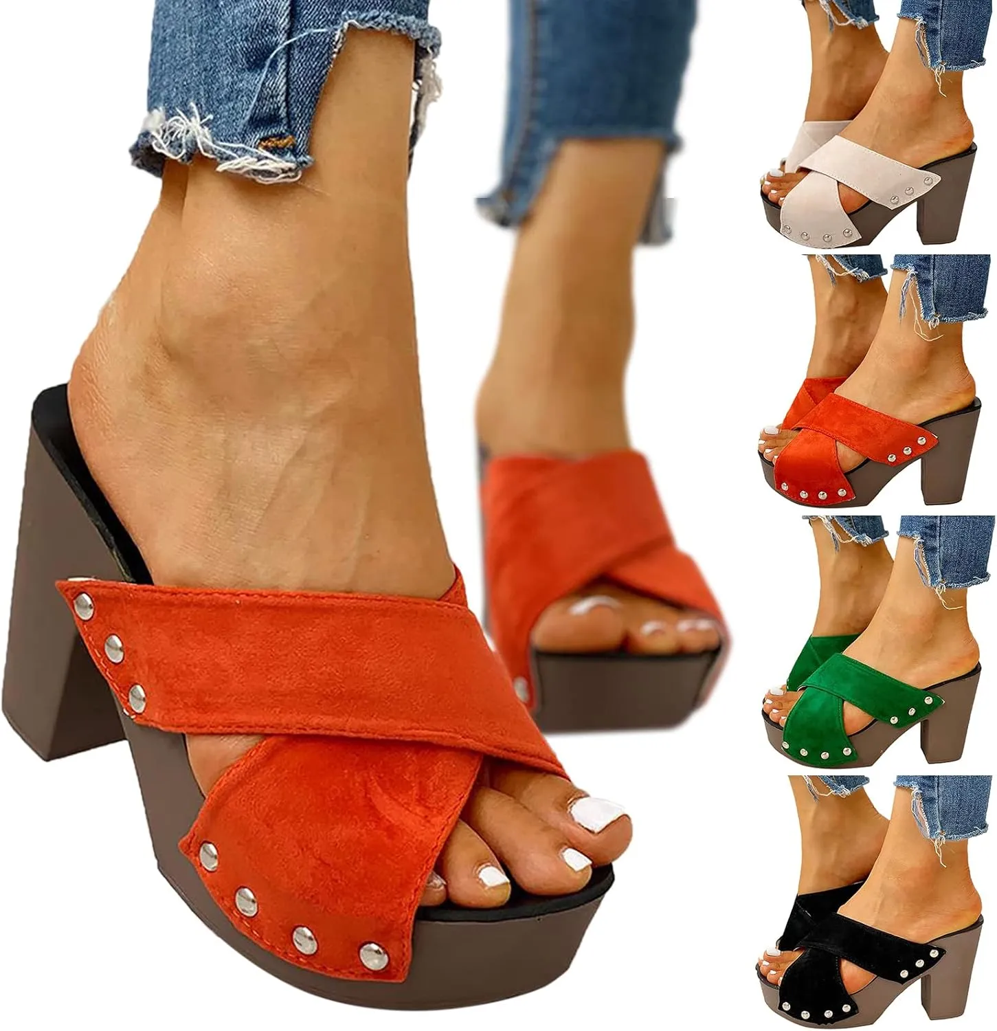 Chunky Block Heel Sandals Women Open Toe Square Toe Strappy Ankle Strap Comfortable Shoes