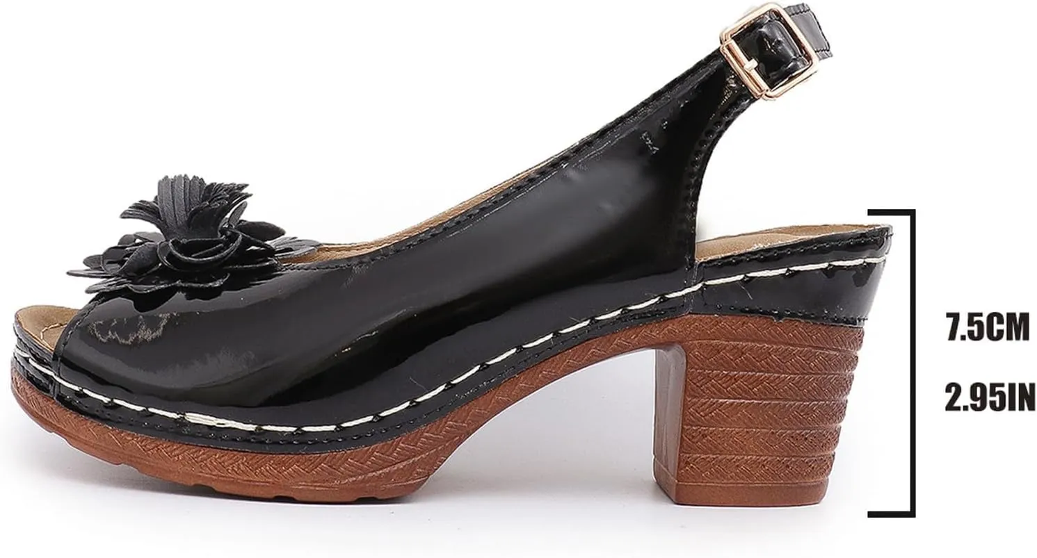Chunky Sandals for Women Comfortable Dressy Peep Toe Slingback Adjustable Back Strap Wedge Sandal with Flower Fishmouth Comfy Low Block Chunky Heels Sandals Walking Beach Wedding Work Sandal