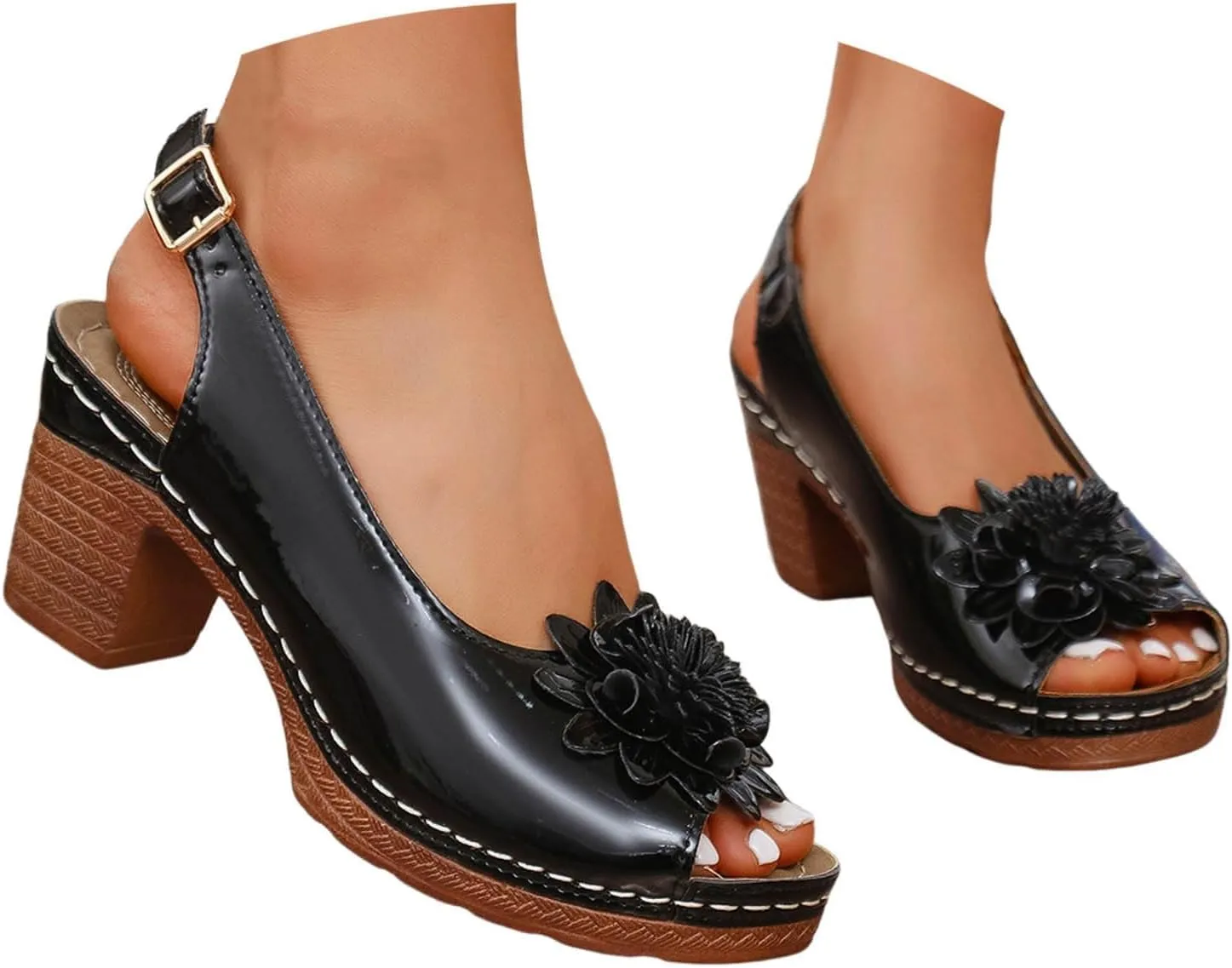 Chunky Sandals for Women Comfortable Dressy Peep Toe Slingback Adjustable Back Strap Wedge Sandal with Flower Fishmouth Comfy Low Block Chunky Heels Sandals Walking Beach Wedding Work Sandal