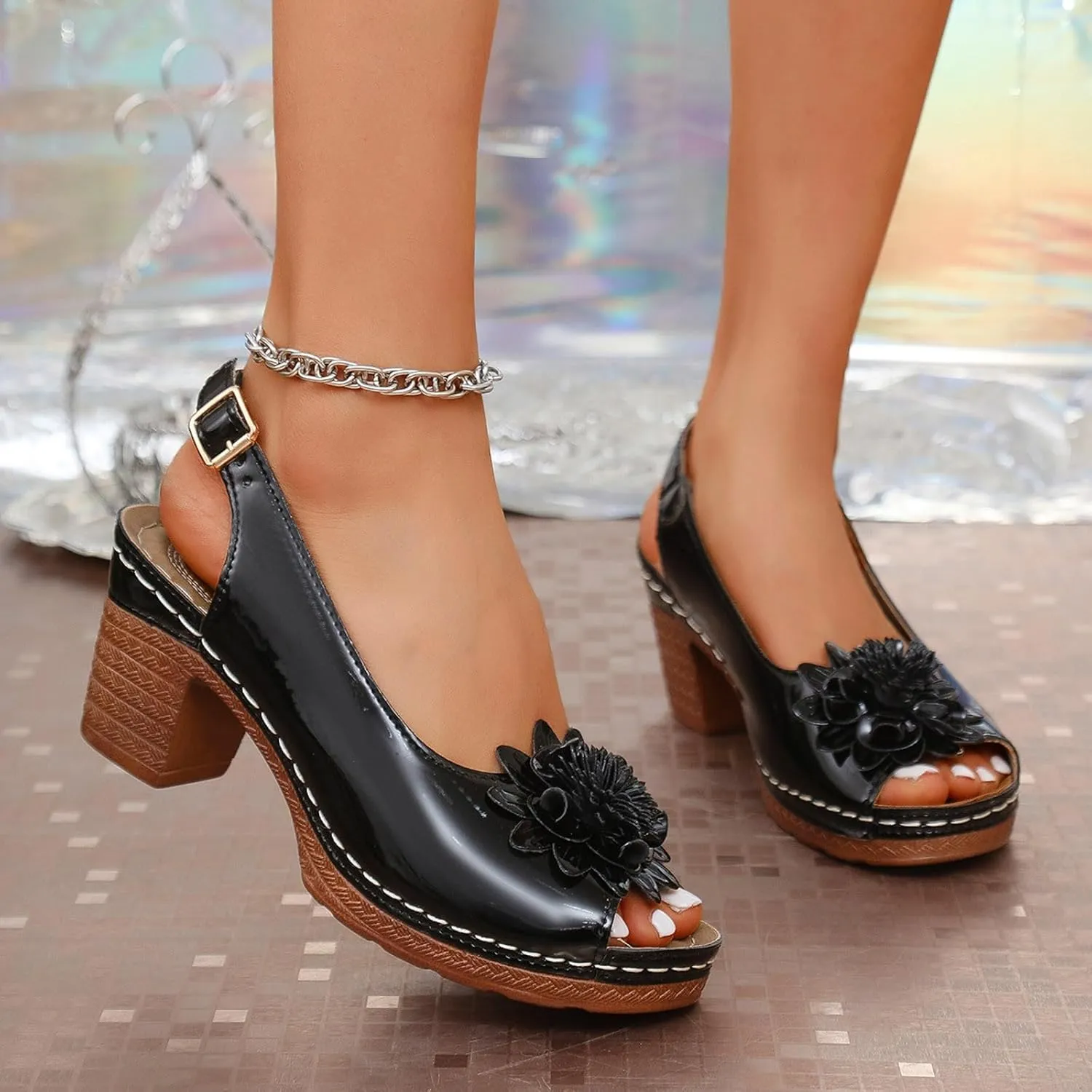 Chunky Sandals for Women Comfortable Dressy Peep Toe Slingback Adjustable Back Strap Wedge Sandal with Flower Fishmouth Comfy Low Block Chunky Heels Sandals Walking Beach Wedding Work Sandal