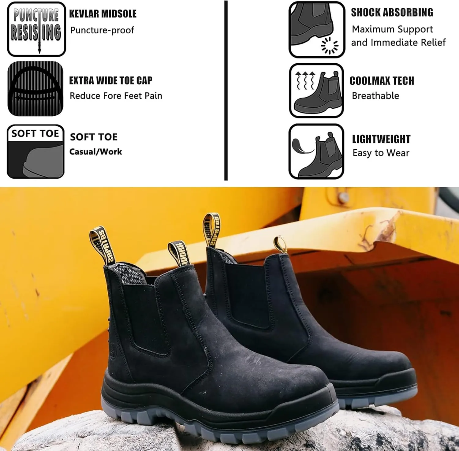 CONRAD Men's Chelsea Slip-On Work Boots - Soft Toe, Composite Toe, Waterproof, Slip Resistant, Safety Shoes