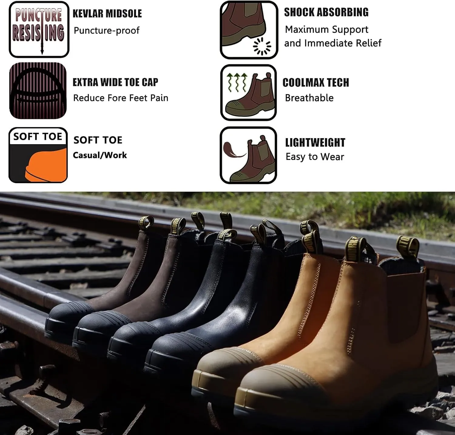 CONRAD Men's Chelsea Slip-On Work Boots - Soft Toe, Composite Toe, Waterproof, Slip Resistant, Safety Shoes