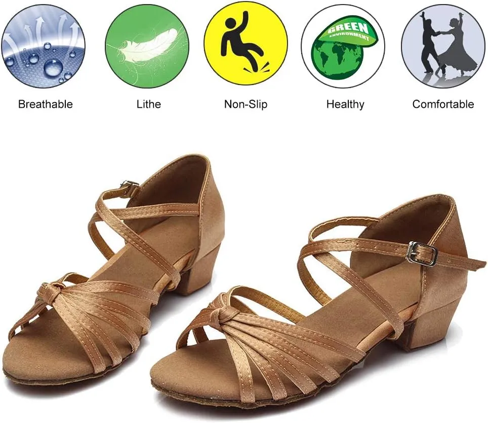 DKZSYIM Women&Girls Satin Latin Dance Shoes Low Heel Ballroom Salsa Tango Professional Performance Practice Dancing Shoes,Model 203