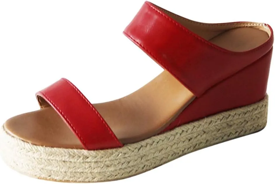 Dress Sandals for Women, Womens Wedge Sandals Leather Slip on Platform Sandal Comfortable Beach Flats Shoes