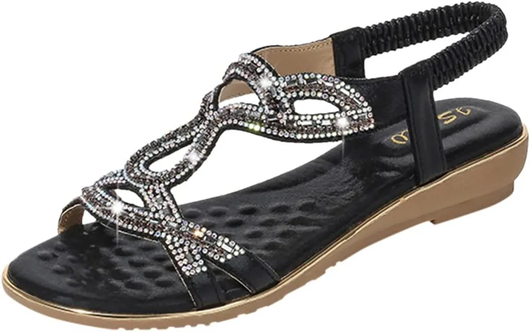 Eduavar Orthopedic Sandals for Women, Sandals Women Fashion Bohemia Crystal Open Toe Low Wedge Sandals Breathable Sandals