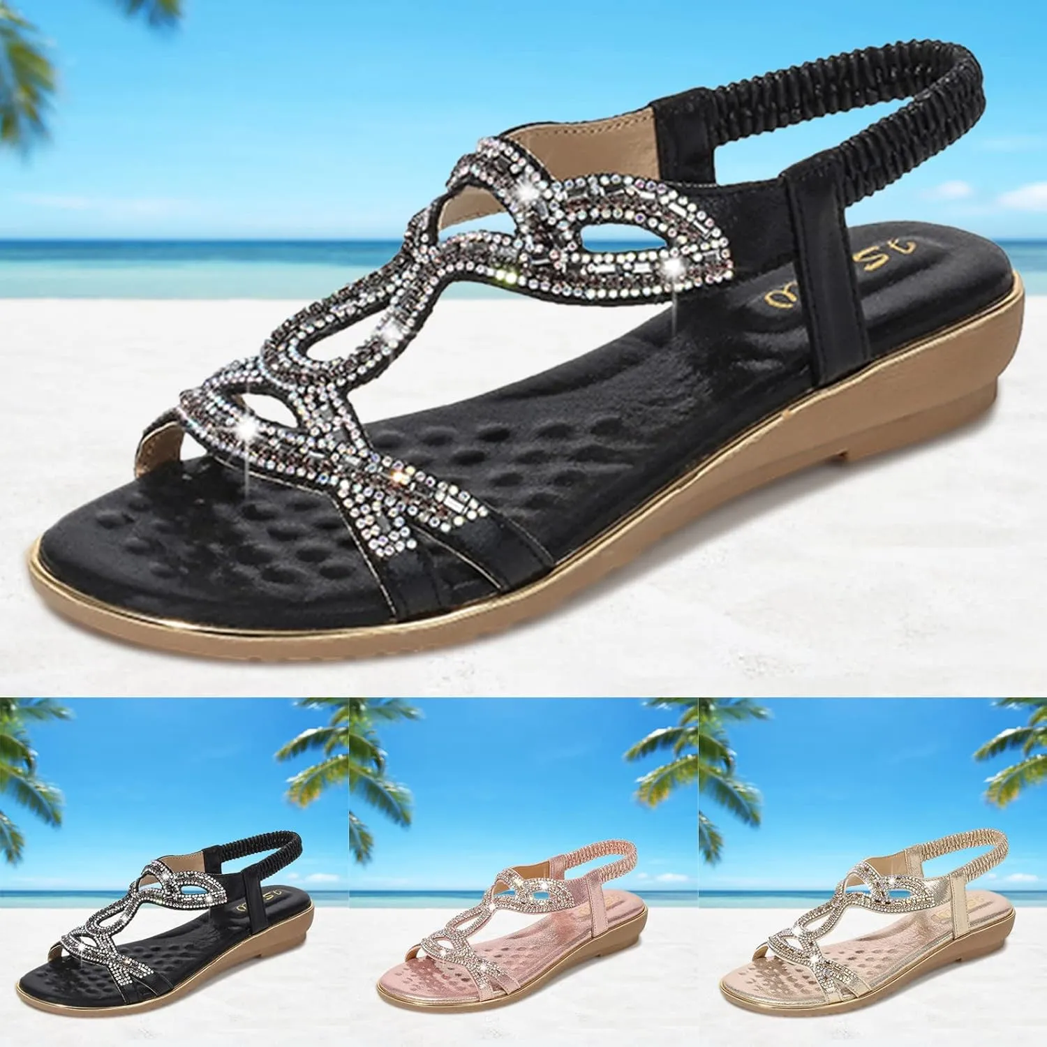 Eduavar Orthopedic Sandals for Women, Sandals Women Fashion Bohemia Crystal Open Toe Low Wedge Sandals Breathable Sandals