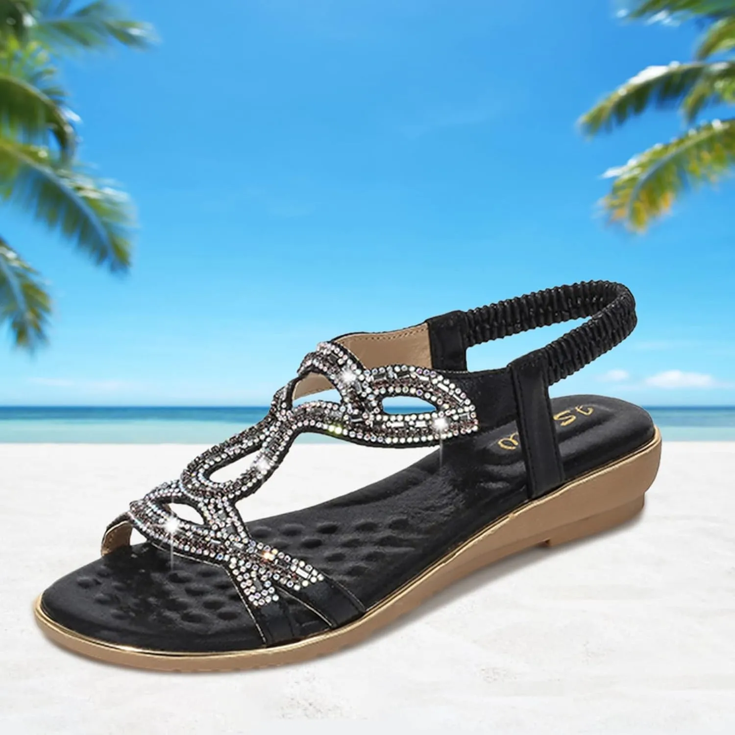 Eduavar Orthopedic Sandals for Women, Sandals Women Fashion Bohemia Crystal Open Toe Low Wedge Sandals Breathable Sandals