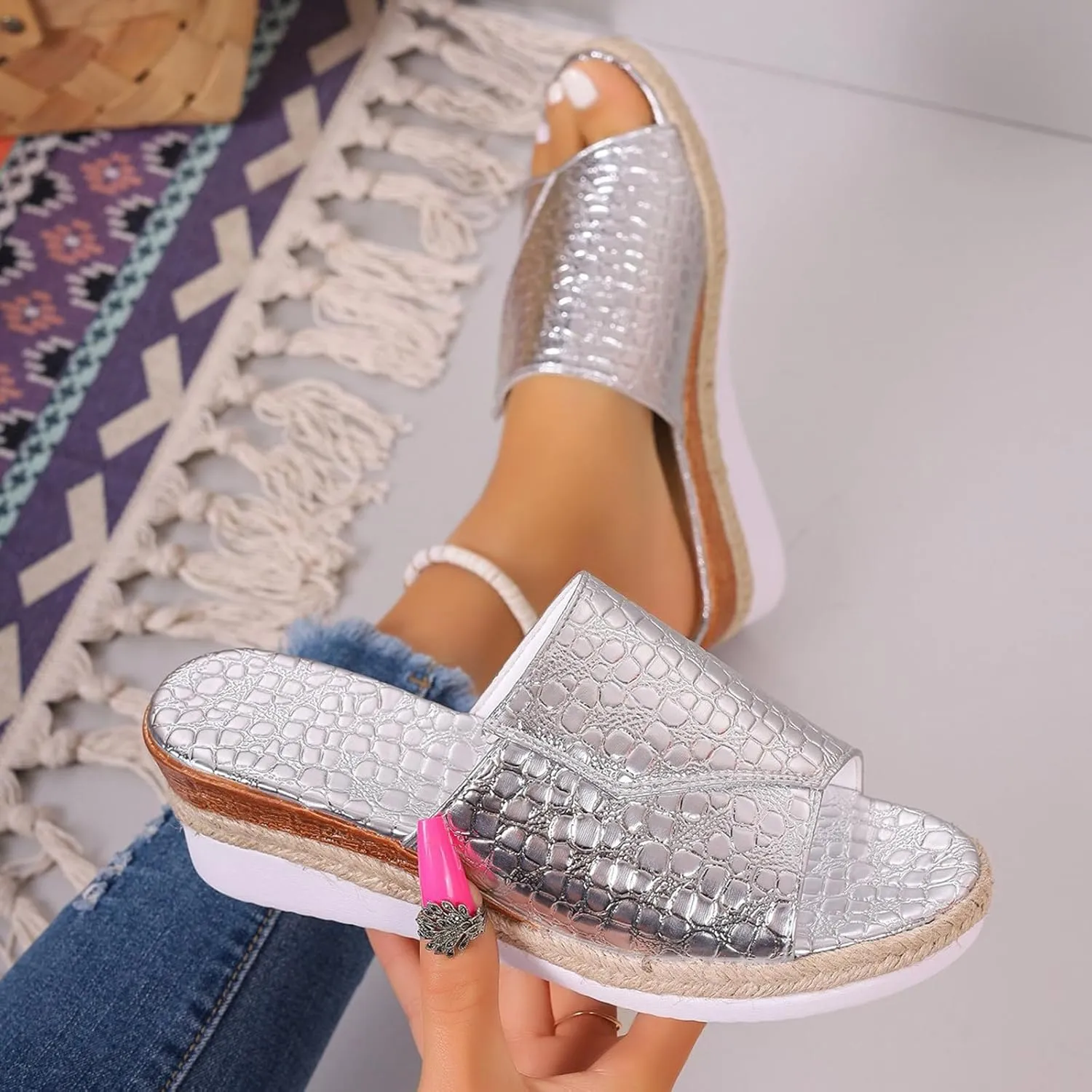 Fashion Wedge Sandals for Women Snakeskin Large Size Slippers Arch Support Slip On Sandals Women Clear Flat Sandals