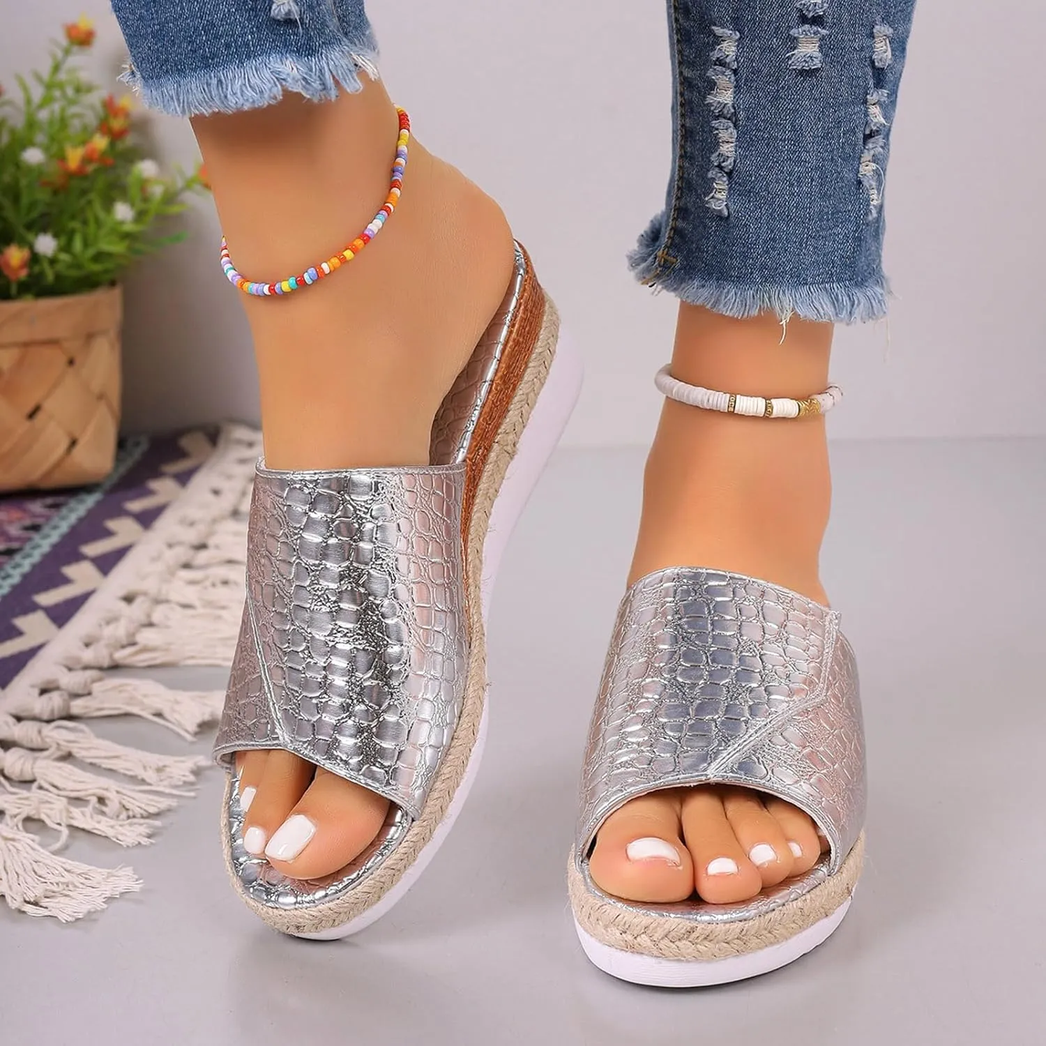 Fashion Wedge Sandals for Women Snakeskin Large Size Slippers Arch Support Slip On Sandals Women Clear Flat Sandals