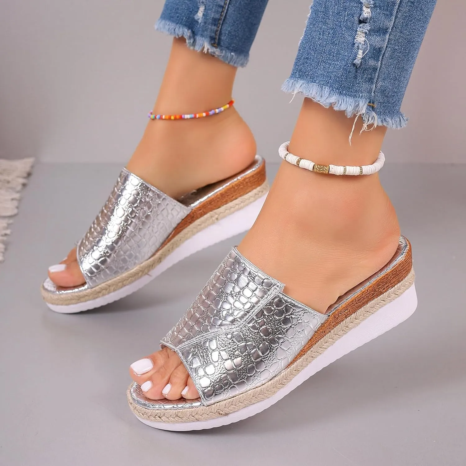 Fashion Wedge Sandals for Women Snakeskin Large Size Slippers Arch Support Slip On Sandals Women Clear Flat Sandals