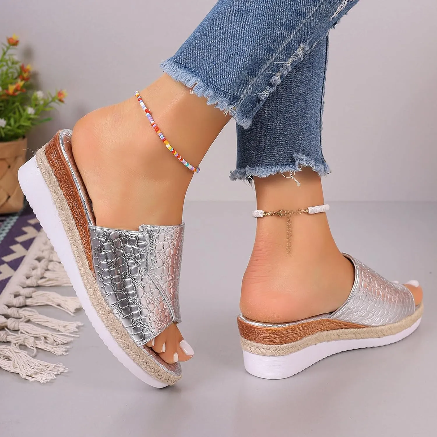 Fashion Wedge Sandals for Women Snakeskin Large Size Slippers Arch Support Slip On Sandals Women Clear Flat Sandals