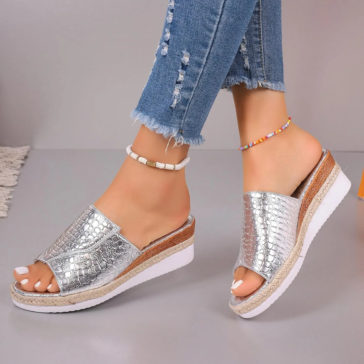 Fashion Wedge Sandals for Women Snakeskin Large Size Slippers Arch Support Slip On Sandals Women Clear Flat Sandals