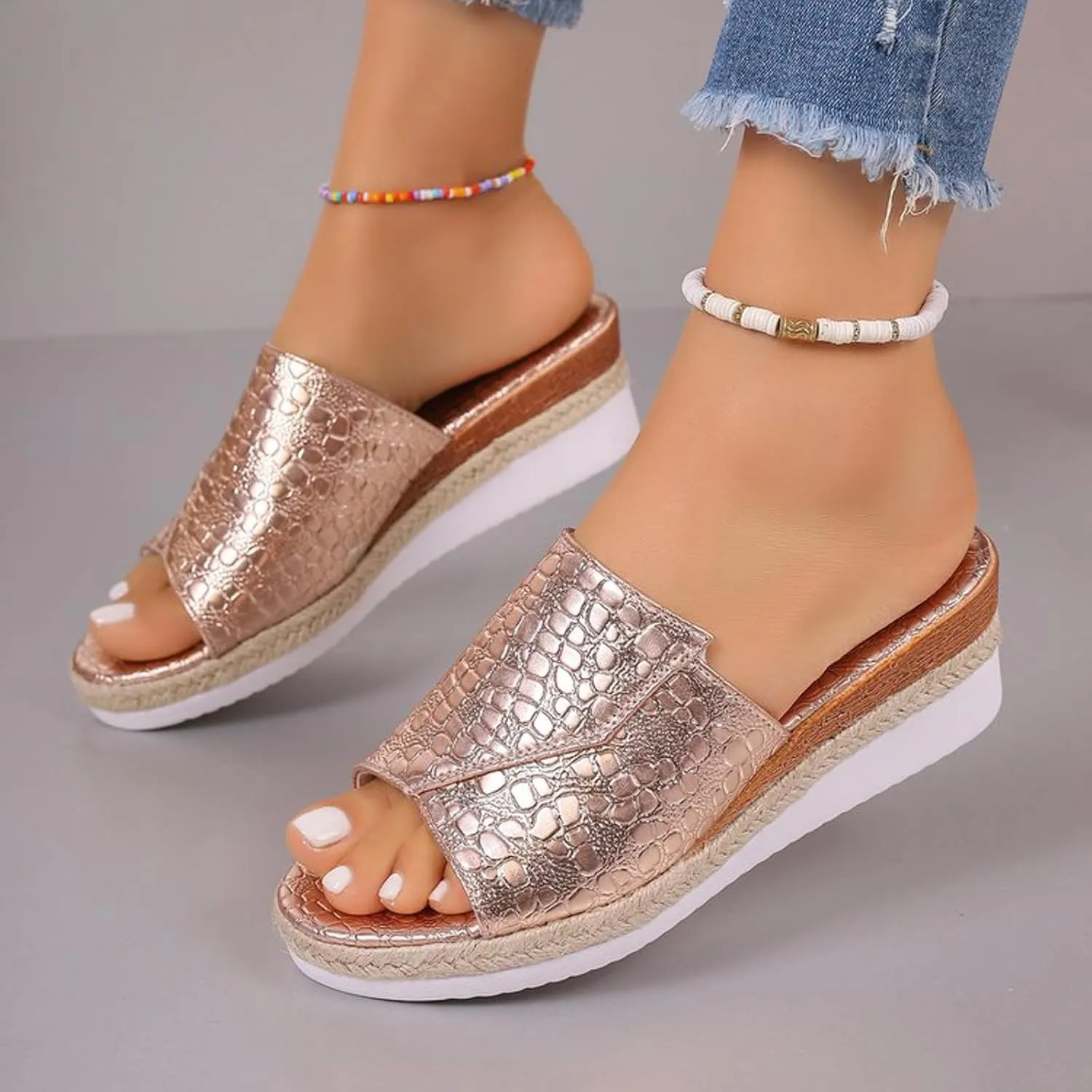 Fashion Wedge Sandals for Women Snakeskin Large Size Slippers Arch Support Slip On Sandals Womens Dress Sandals Flat