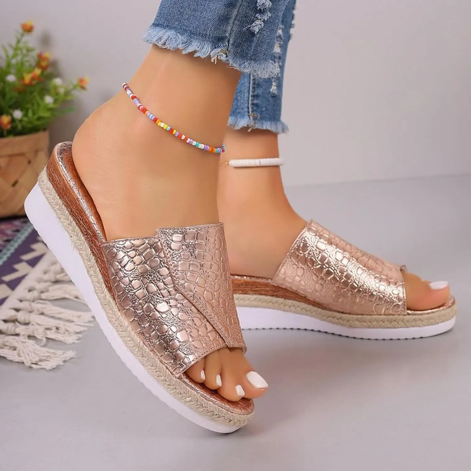 Fashion Wedge Sandals for Women Snakeskin Large Size Slippers Arch Support Slip On Sandals Womens Dress Sandals Flat