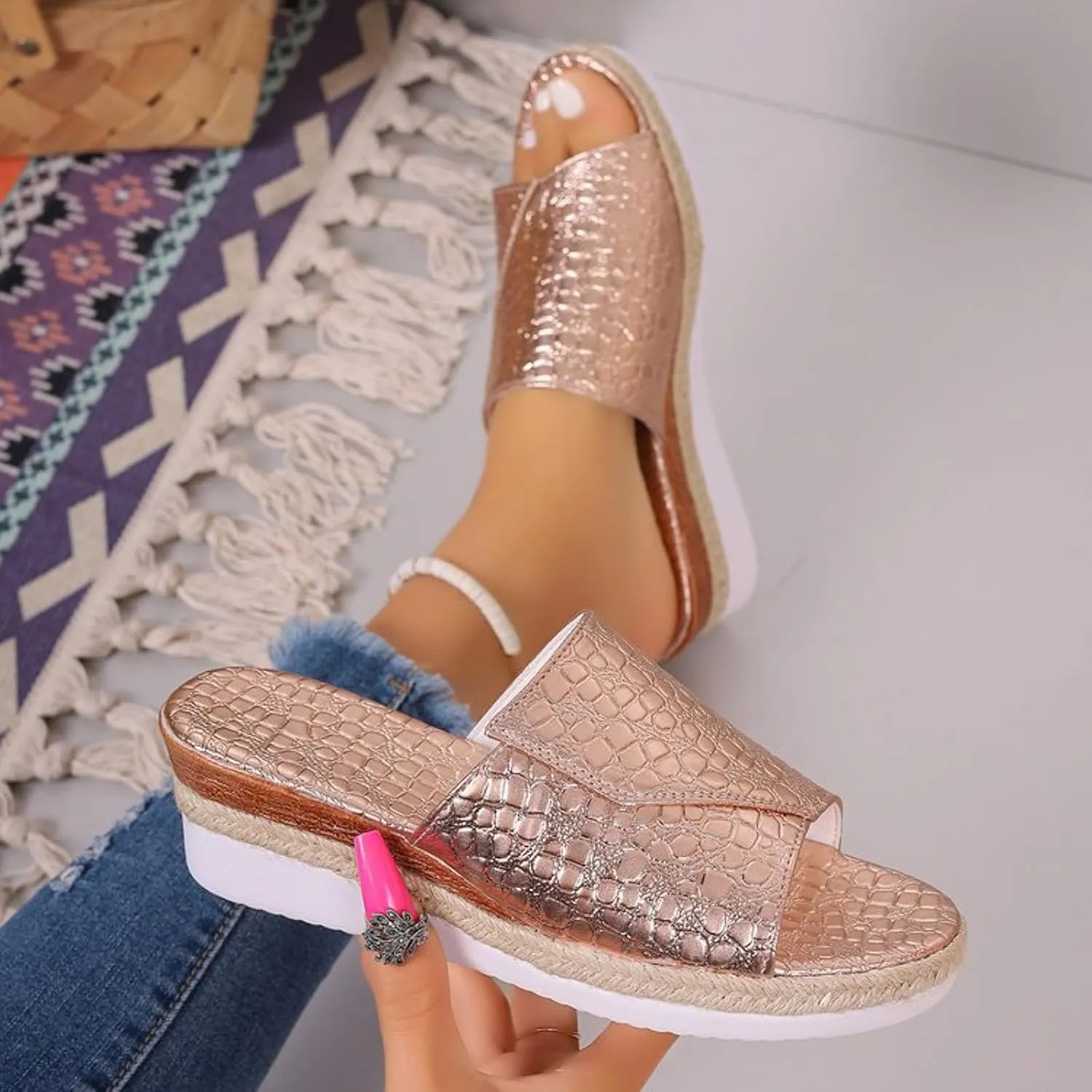 Fashion Wedge Sandals for Women Snakeskin Large Size Slippers Arch Support Slip On Sandals Womens Dress Sandals Flat