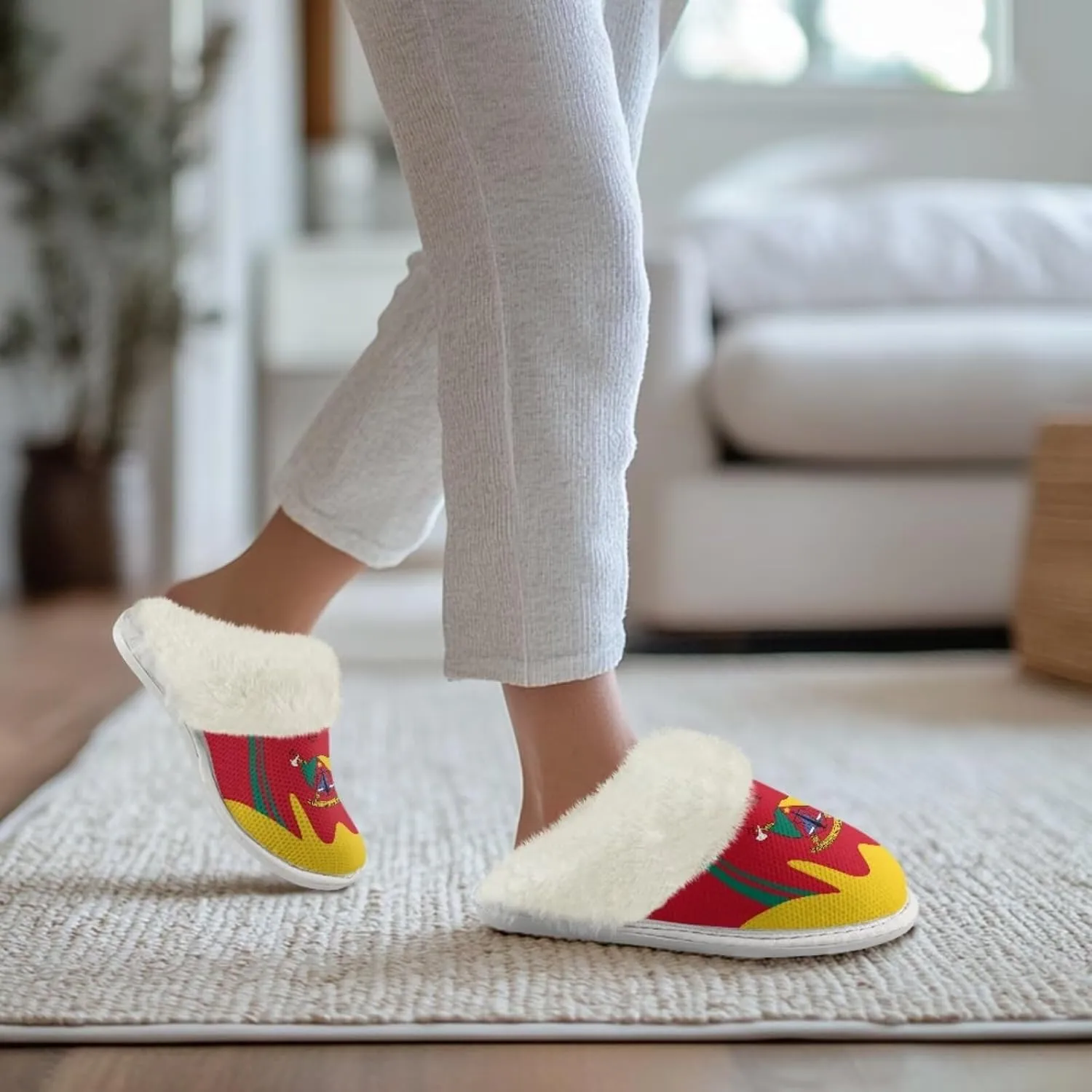 Flag Print Fuzzy Slippers Women Lightweight Anti Slip Fluffy Slippers with Arch Support