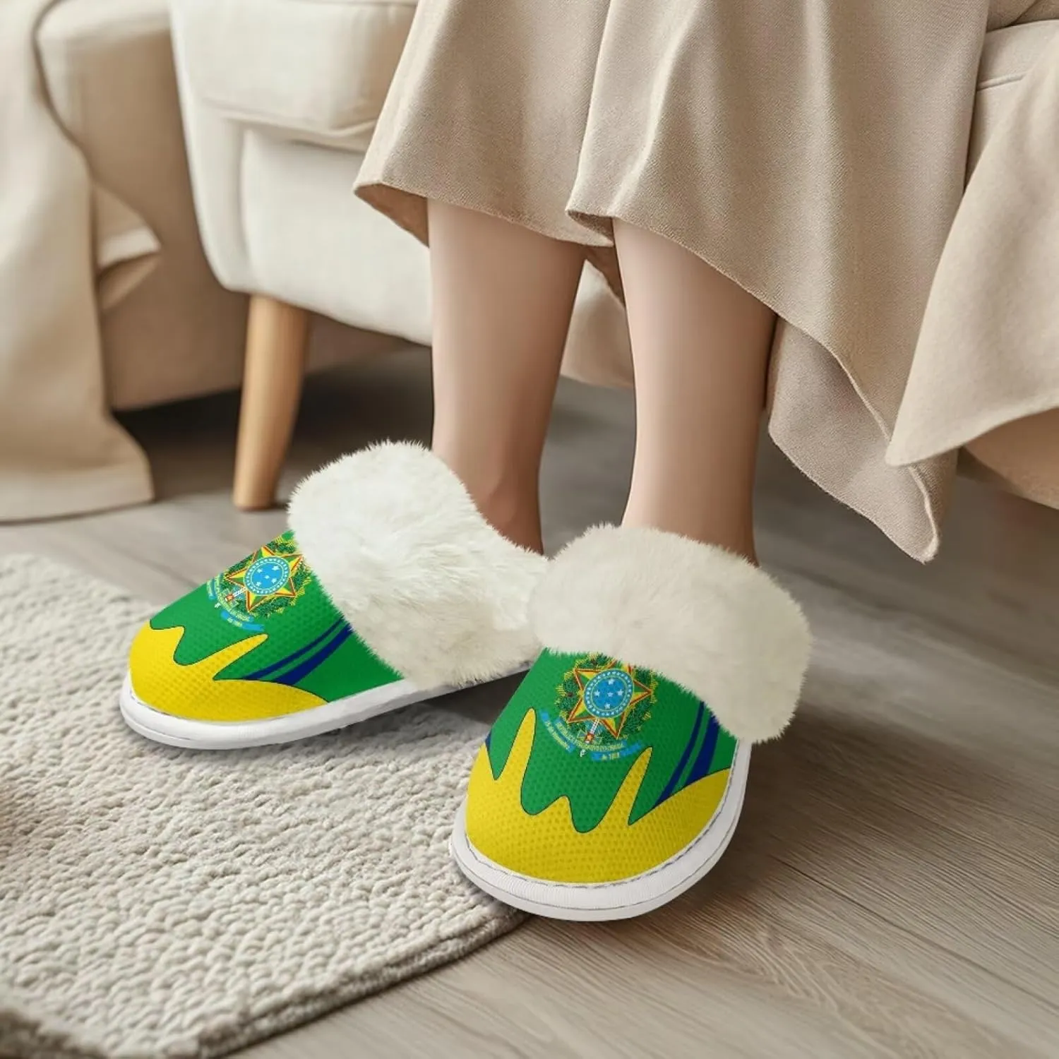 Flag Print Fuzzy Slippers Women Lightweight Anti Slip Fluffy Slippers with Arch Support