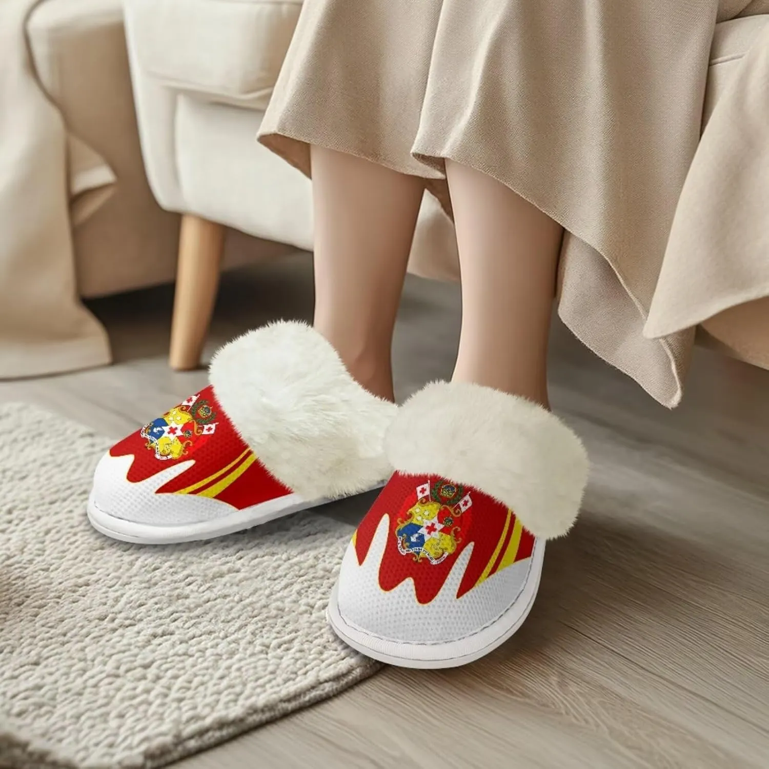 Flag Print Fuzzy Slippers Women Lightweight Anti Slip Fluffy Slippers with Arch Support