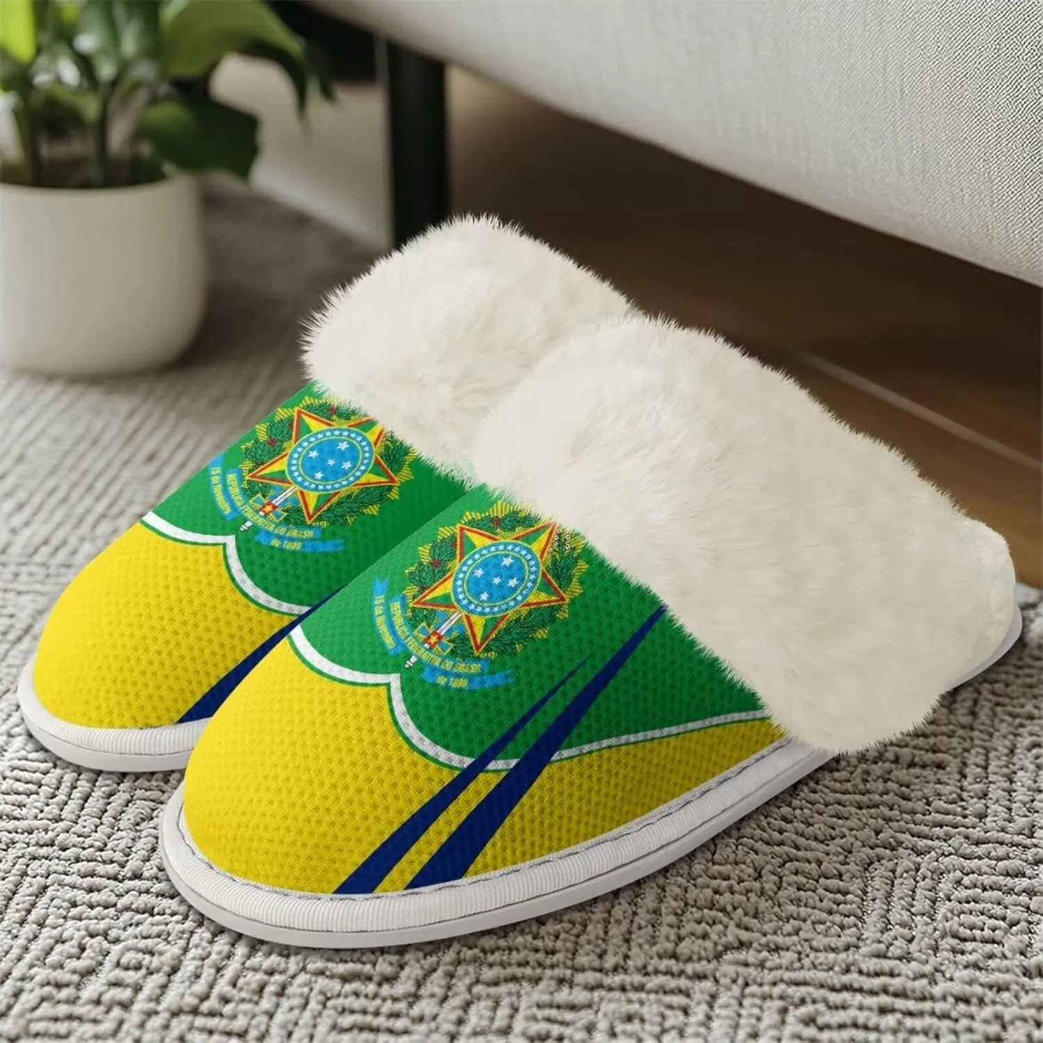 Flag Print Fuzzy Slippers Women Lightweight Anti Slip Fluffy Slippers with Arch Support