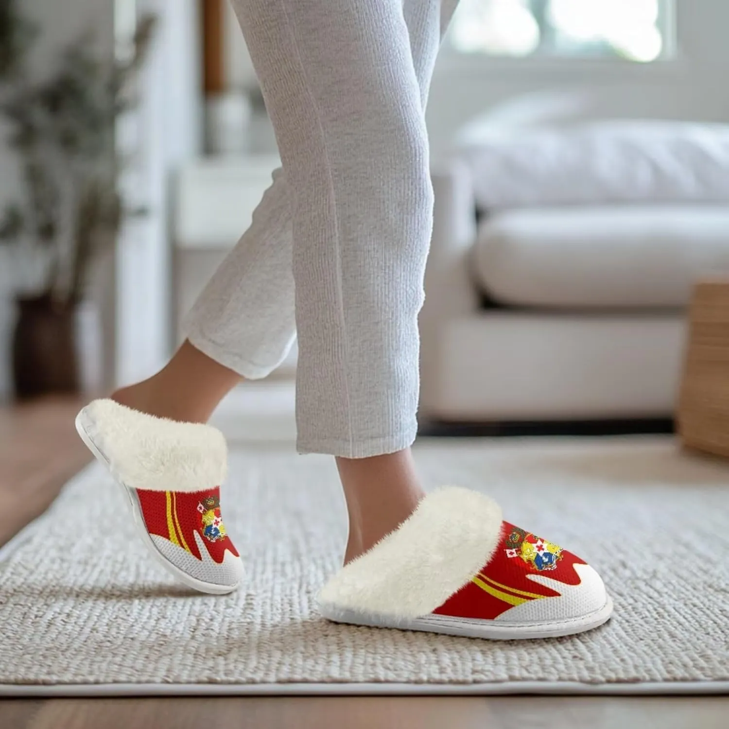 Flag Print Fuzzy Slippers Women Lightweight Anti Slip Fluffy Slippers with Arch Support