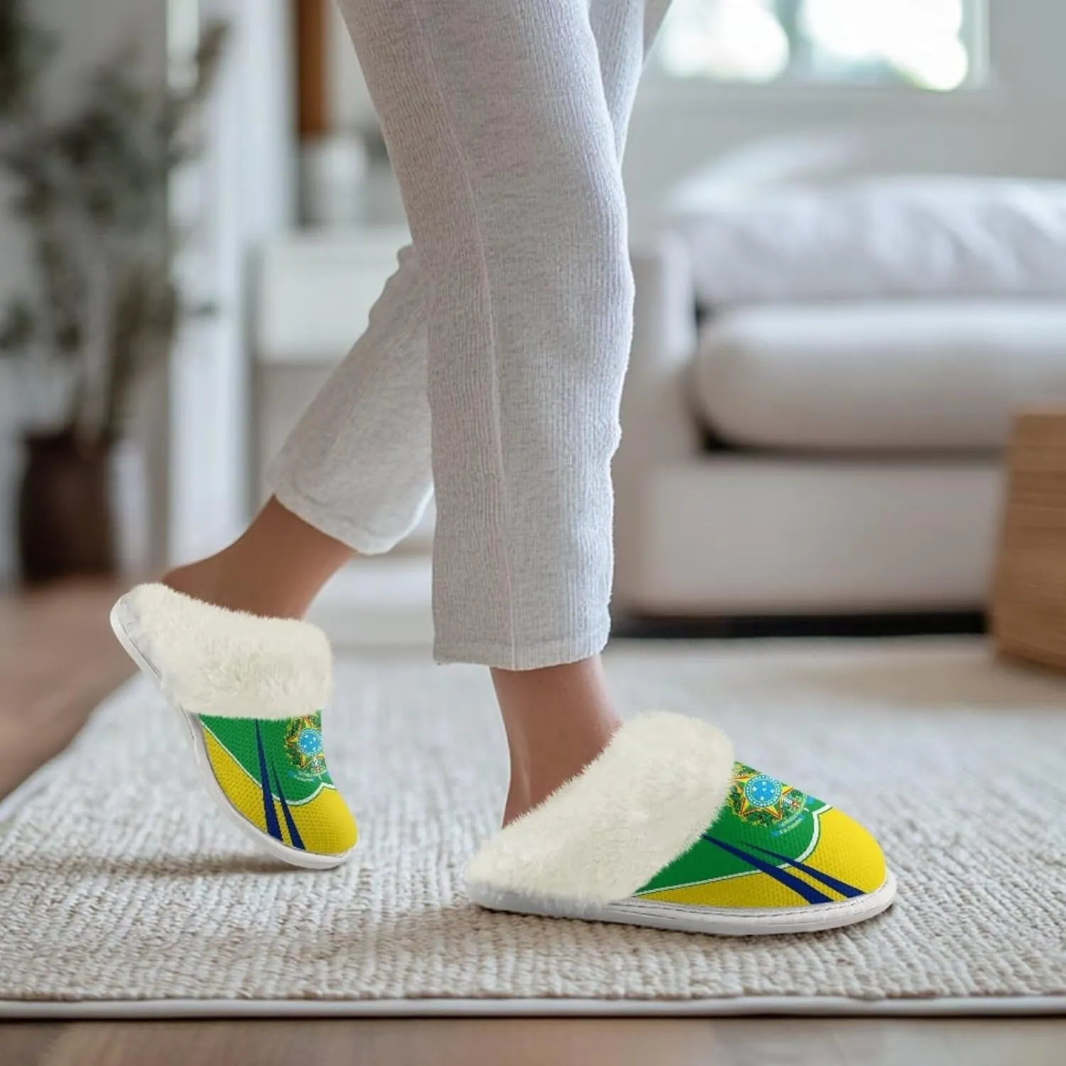 Flag Print Fuzzy Slippers Women Lightweight Anti Slip Fluffy Slippers with Arch Support