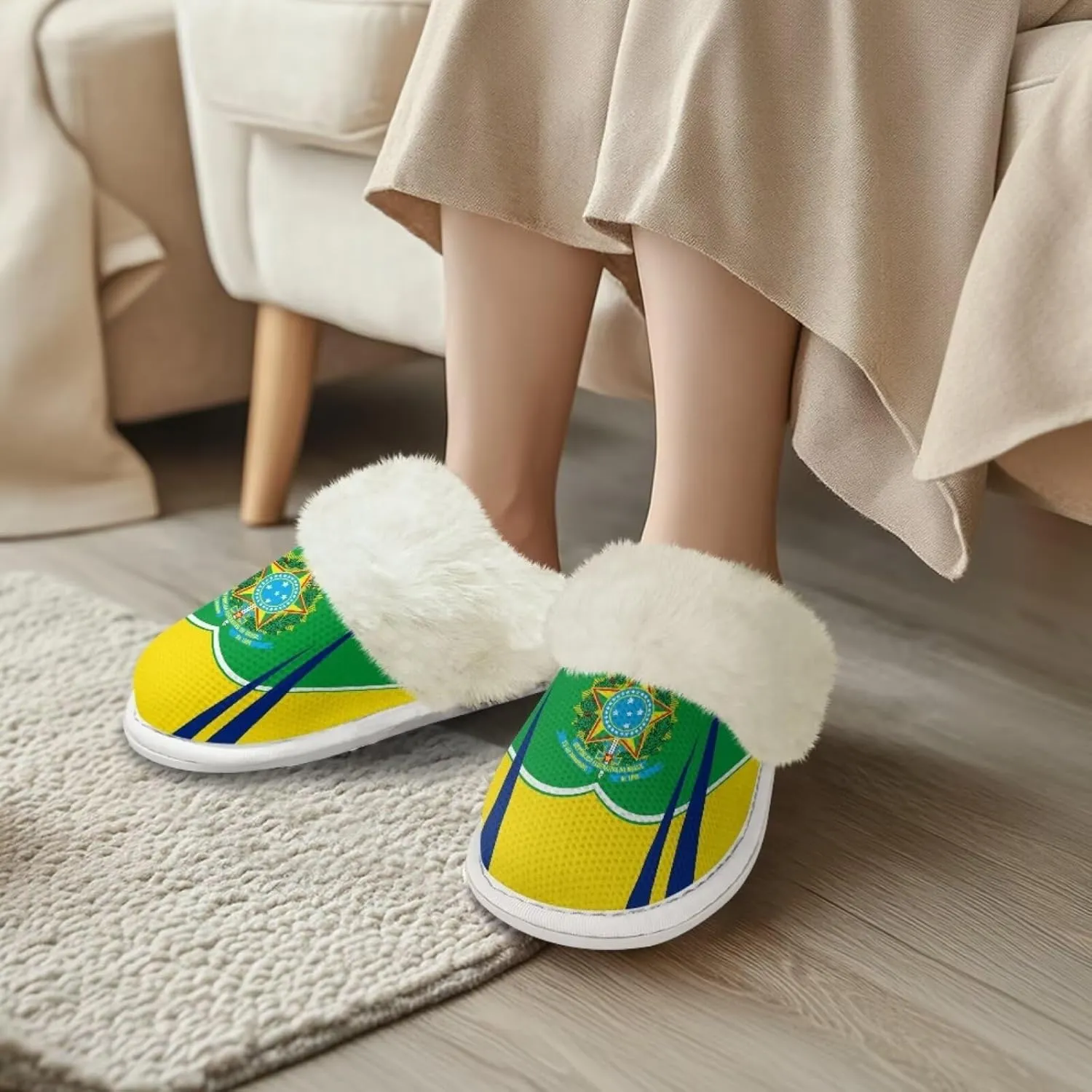 Flag Print Fuzzy Slippers Women Lightweight Anti Slip Fluffy Slippers with Arch Support
