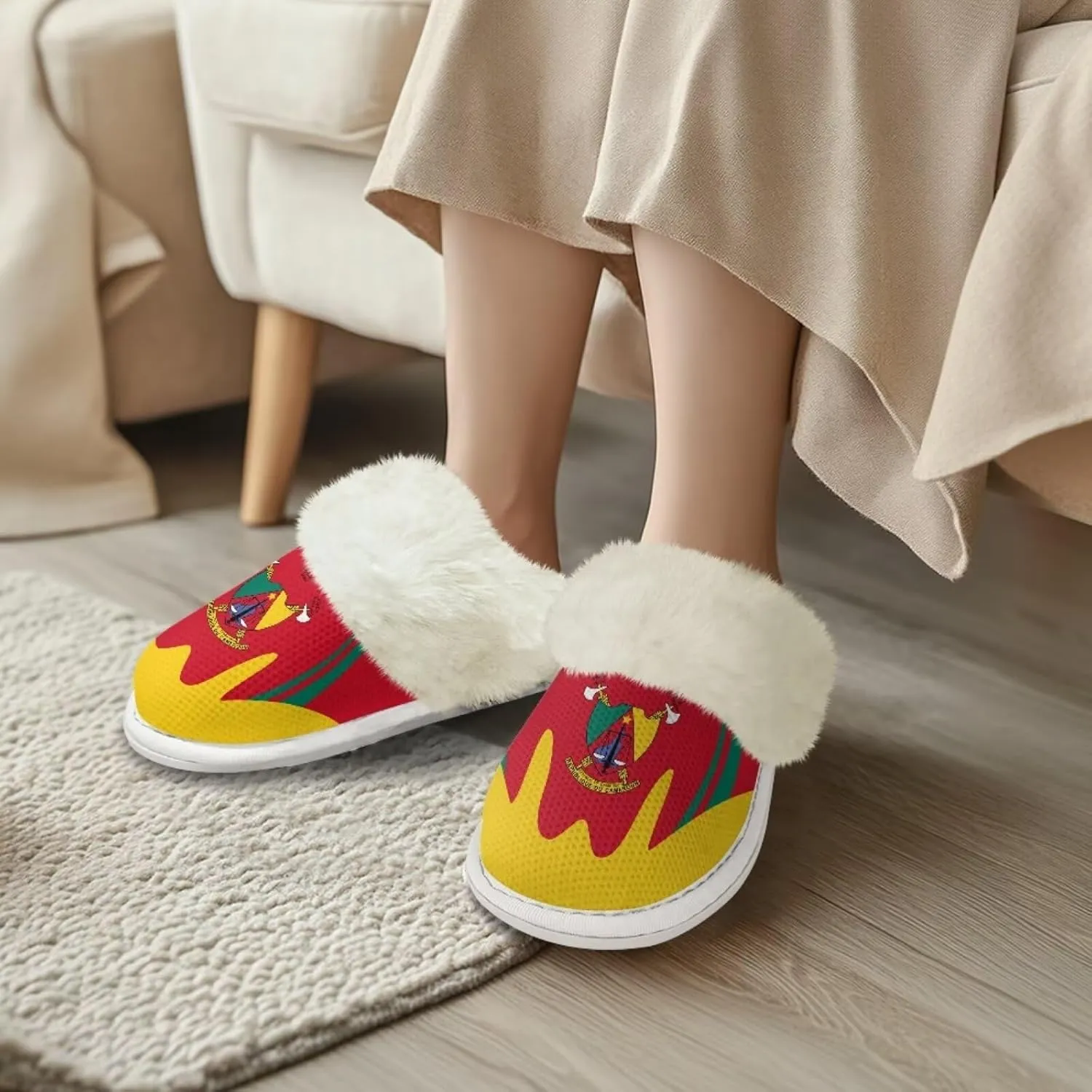 Flag Print Fuzzy Slippers Women Lightweight Anti Slip Fluffy Slippers with Arch Support