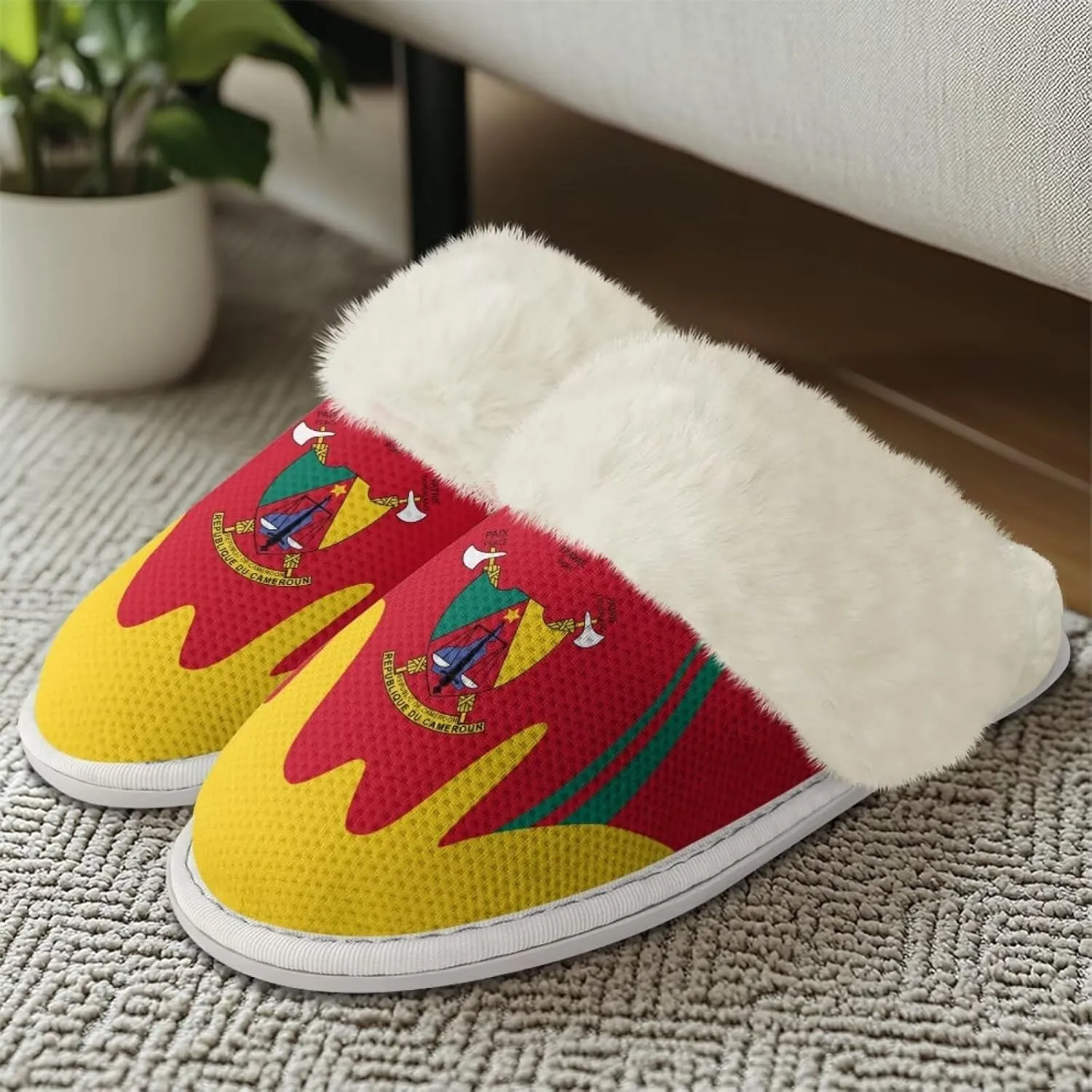 Flag Print Fuzzy Slippers Women Lightweight Anti Slip Fluffy Slippers with Arch Support