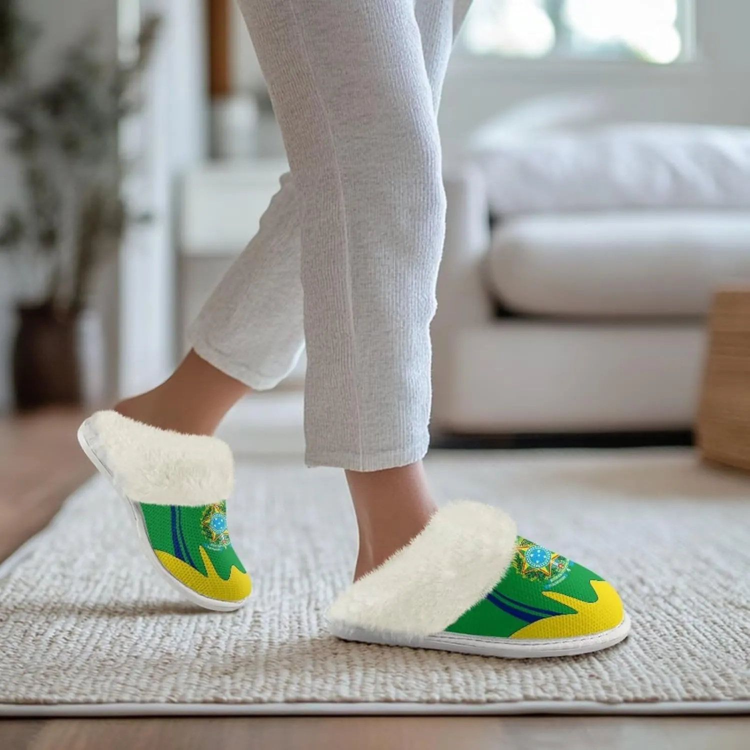 Flag Print Fuzzy Slippers Women Lightweight Anti Slip Fluffy Slippers with Arch Support