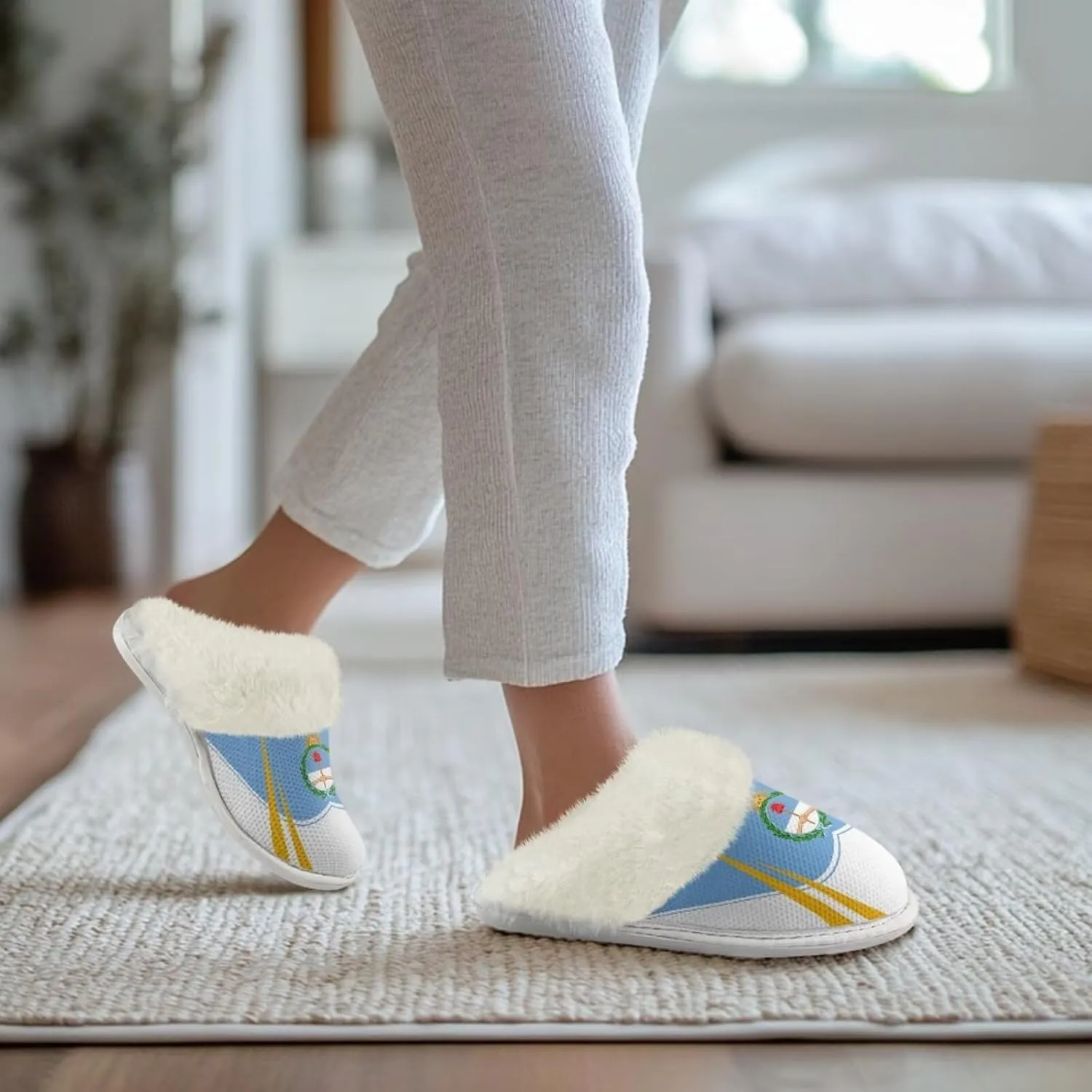 Flag Print Fuzzy Slippers Women Lightweight Anti Slip Fluffy Slippers with Arch Support