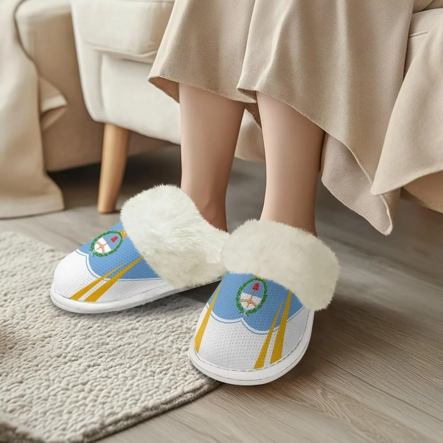 Flag Print Fuzzy Slippers Women Lightweight Anti Slip Fluffy Slippers with Arch Support