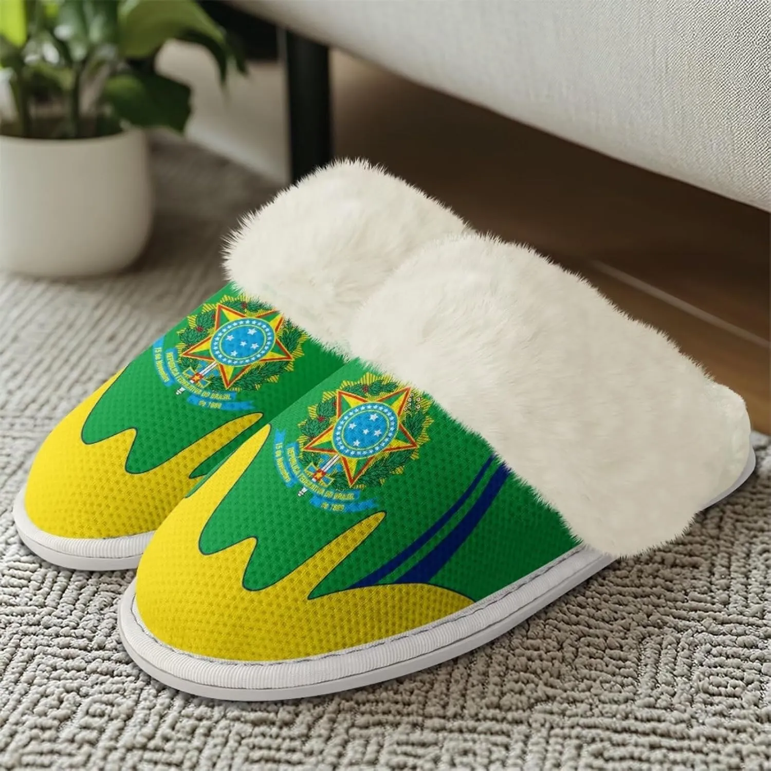 Flag Print Fuzzy Slippers Women Lightweight Anti Slip Fluffy Slippers with Arch Support
