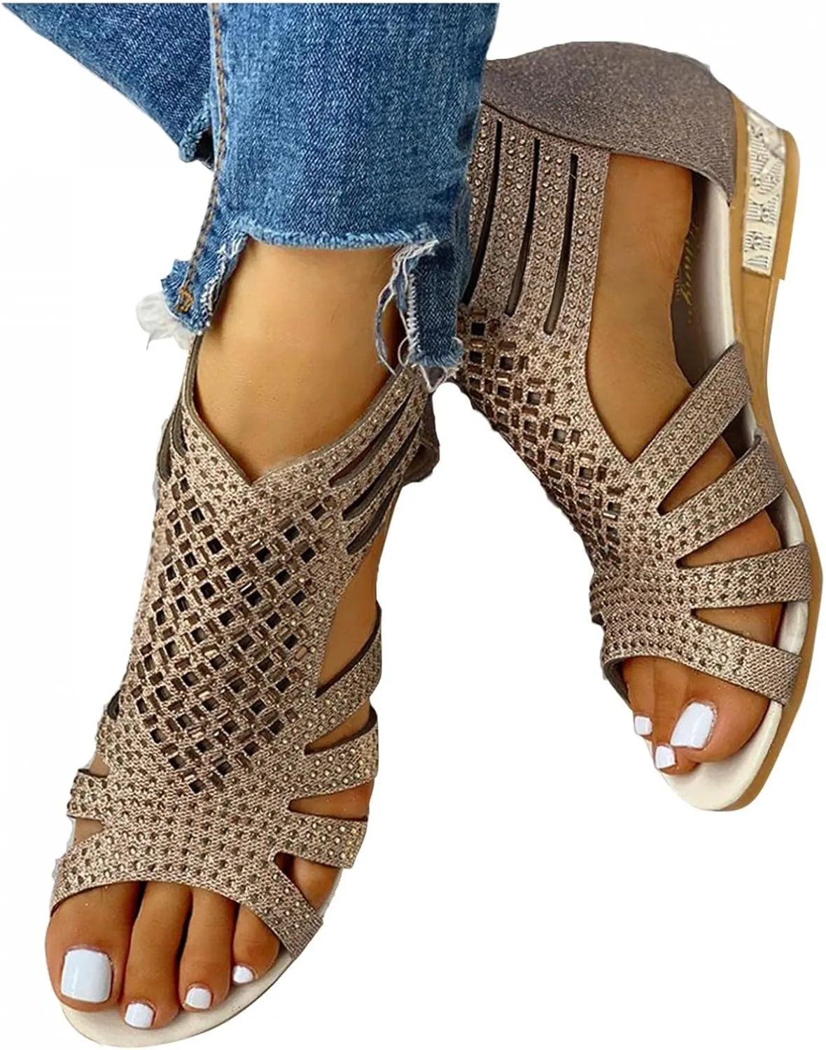 Gibobby Womens Sandals,Womens Summer Crystal Open Toe Flip Flops Shoes Flat Strappy Sandals Comfort Ladies Sandals