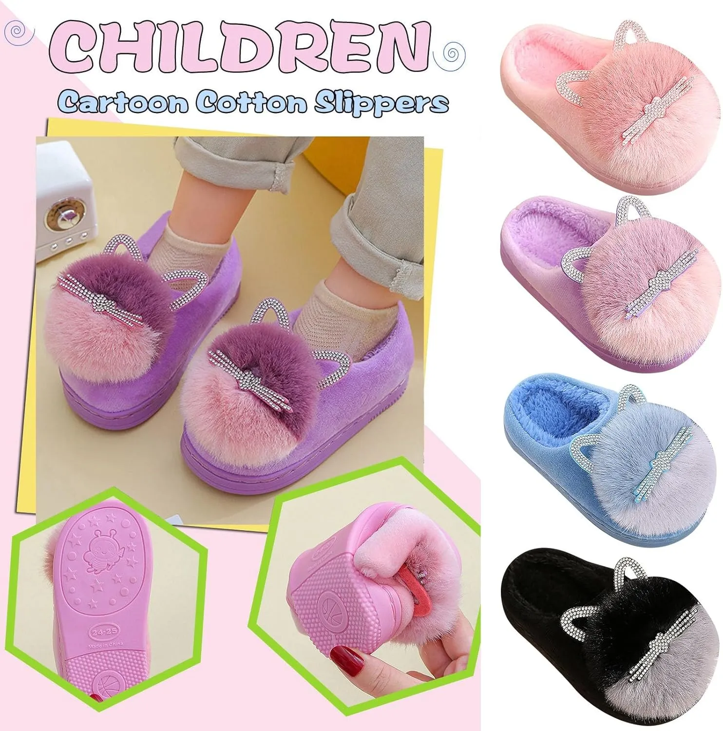 Girl's Fuzzy Fluffy Furry Slippers Cartoon Plush Indoor Bedroom Home Shoes Rubber Flat Bottom Anti-slip Slipper