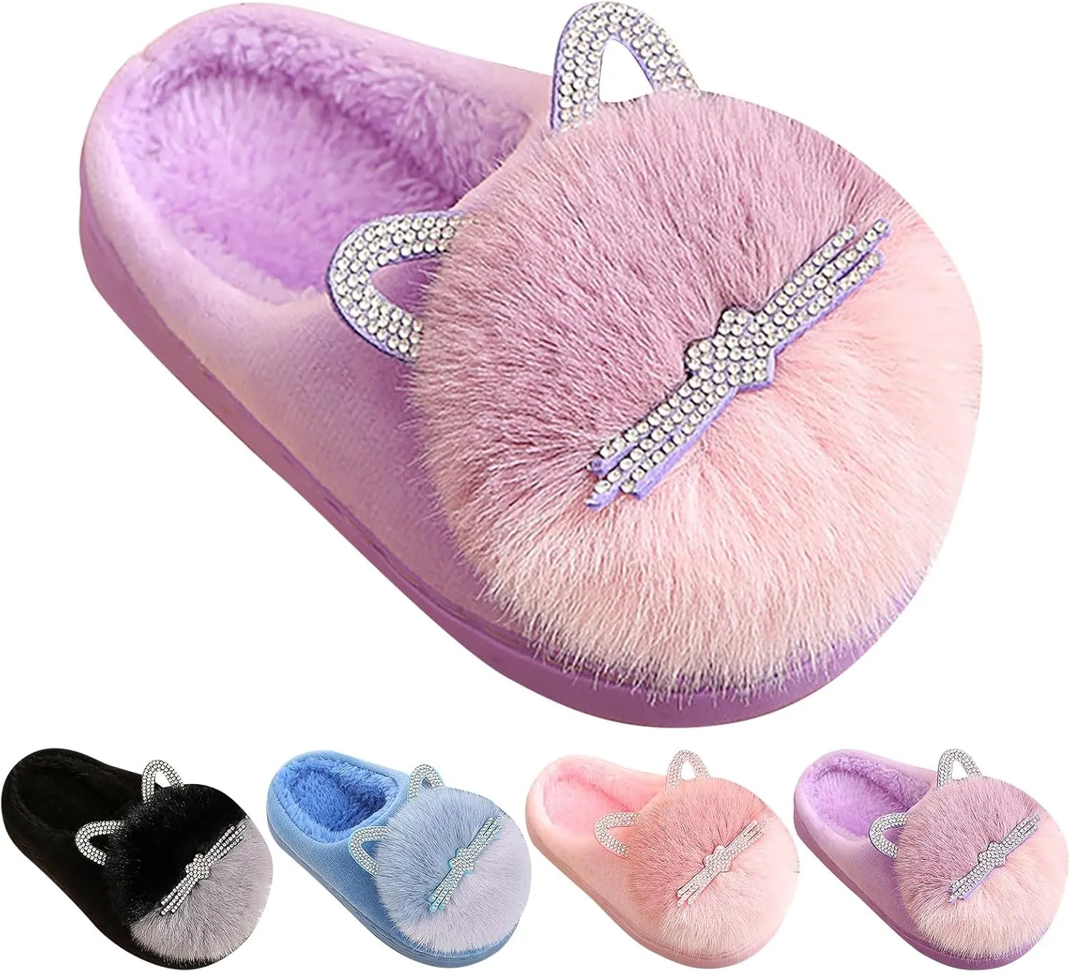 Girl's Fuzzy Fluffy Furry Slippers Cartoon Plush Indoor Bedroom Home Shoes Rubber Flat Bottom Anti-slip Slipper